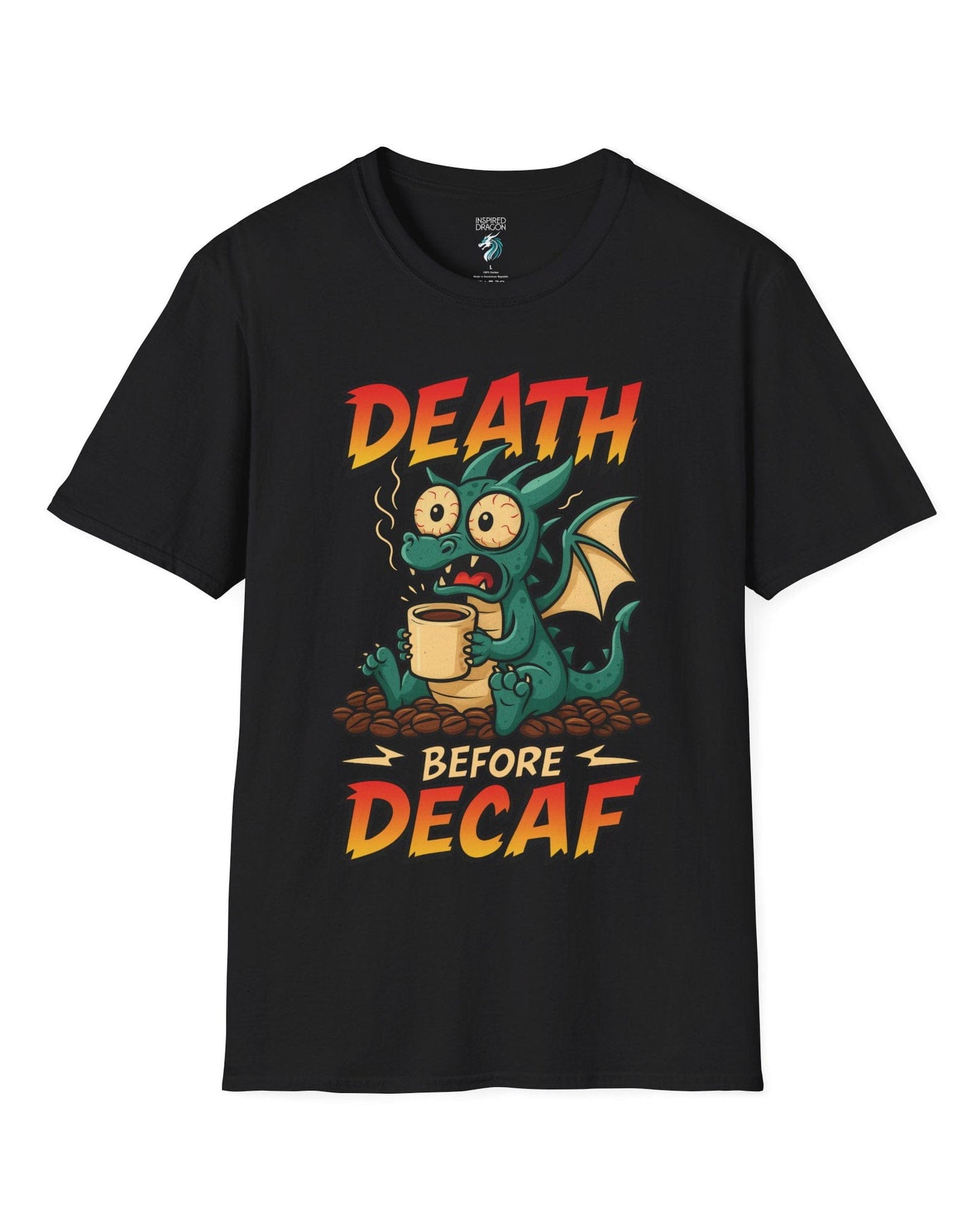 Death Before Decaf shirt in black featuring a wide-eyed green dragon clutching coffee on a pile of beans.