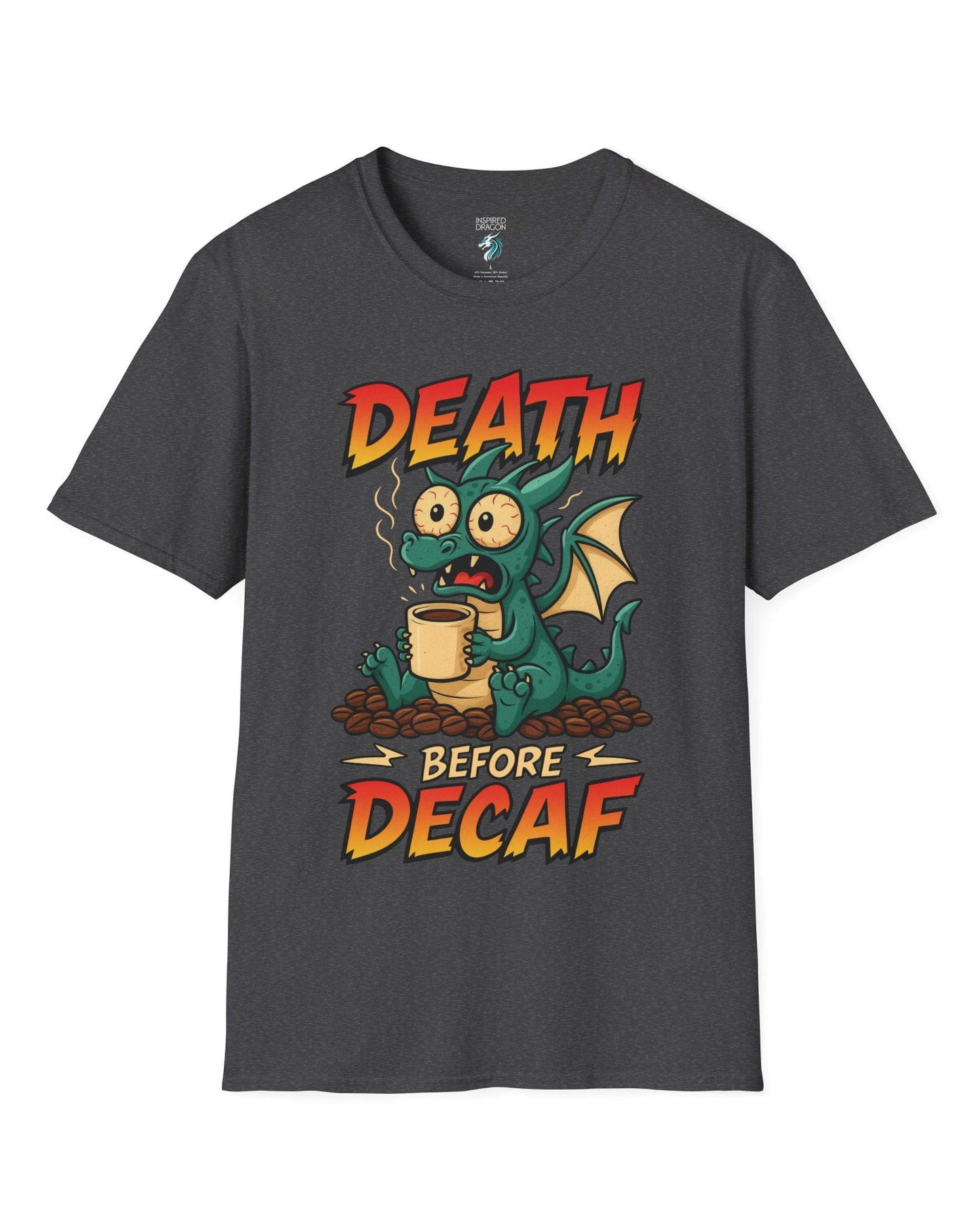 Death Before Decaf shirt in dark heather grey featuring a wide-eyed green dragon clutching coffee on a pile of beans.