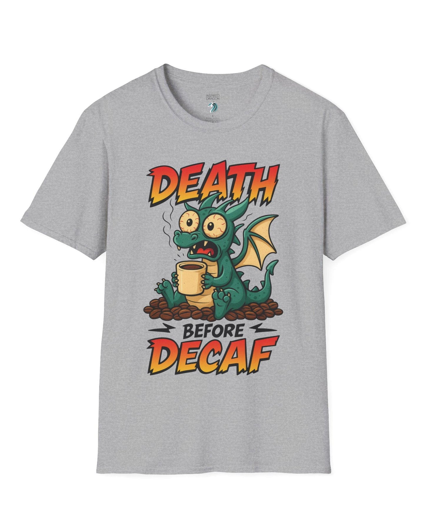 Death Before Decaf shirt in sport grey featuring a wide-eyed green dragon clutching coffee on a pile of beans.