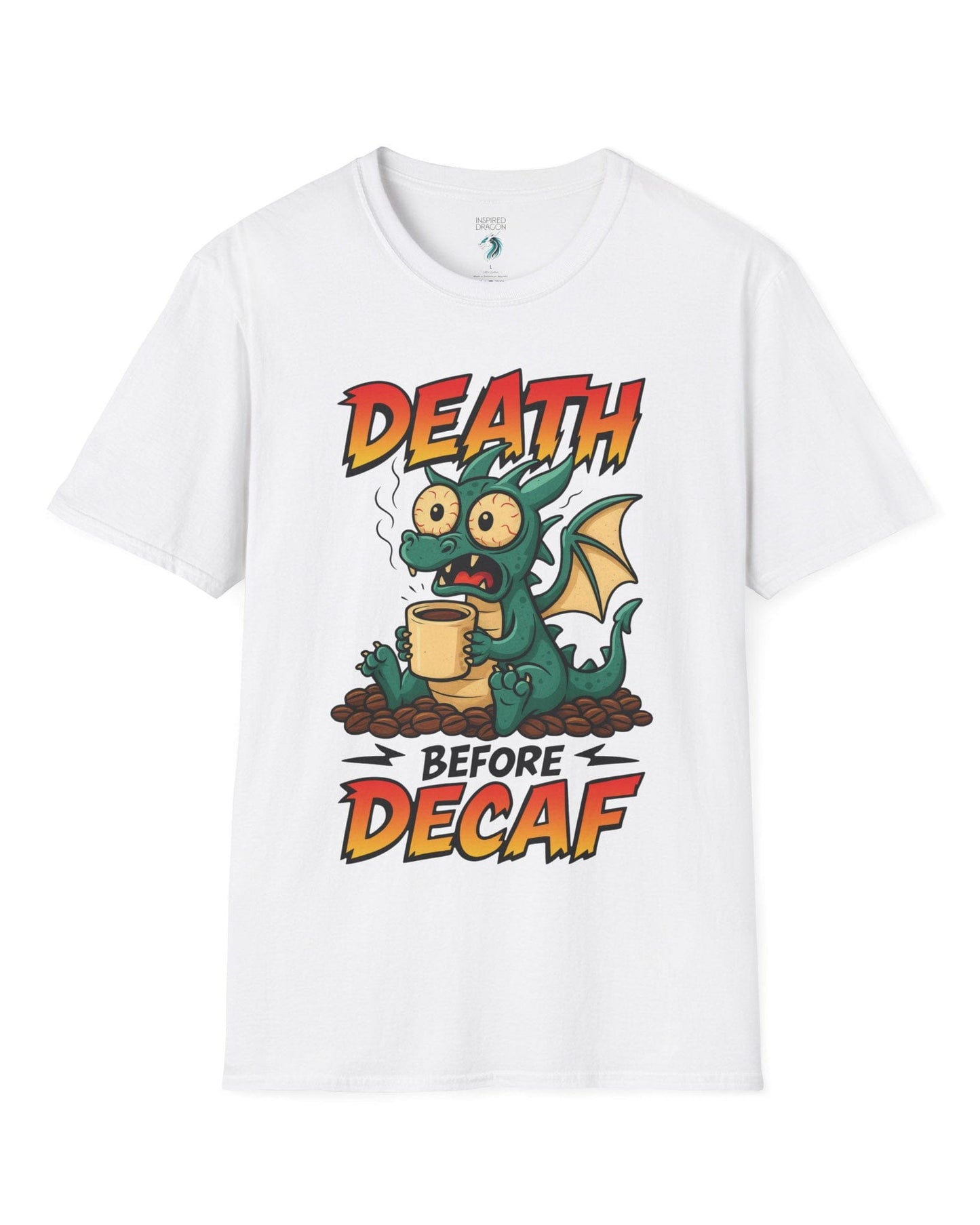 Death Before Decaf shirt in white featuring a wide-eyed green dragon clutching coffee on a pile of beans.