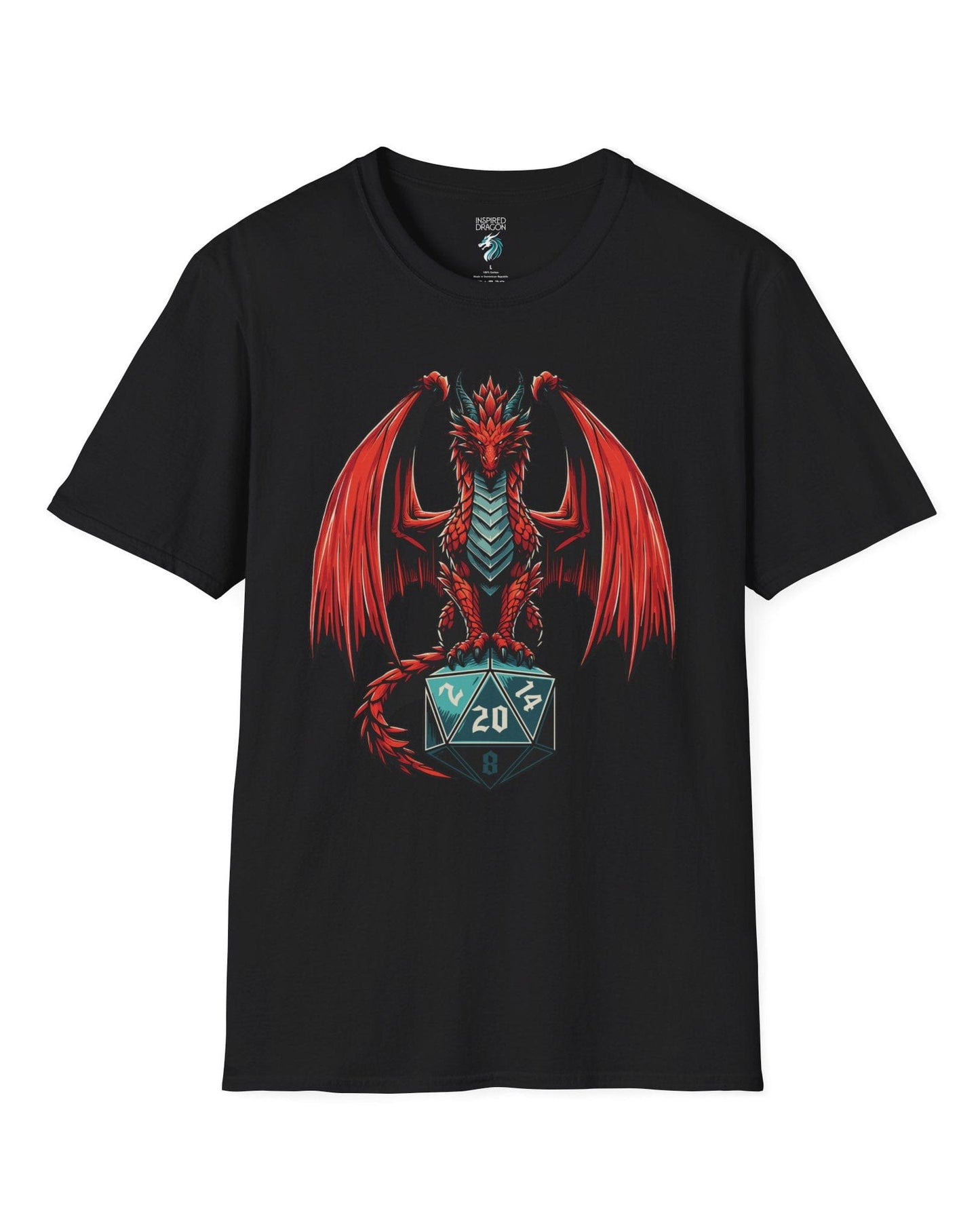 The Scarlet Warden shirt in black, featuring a red dragon perched atop a twenty-sided die.
