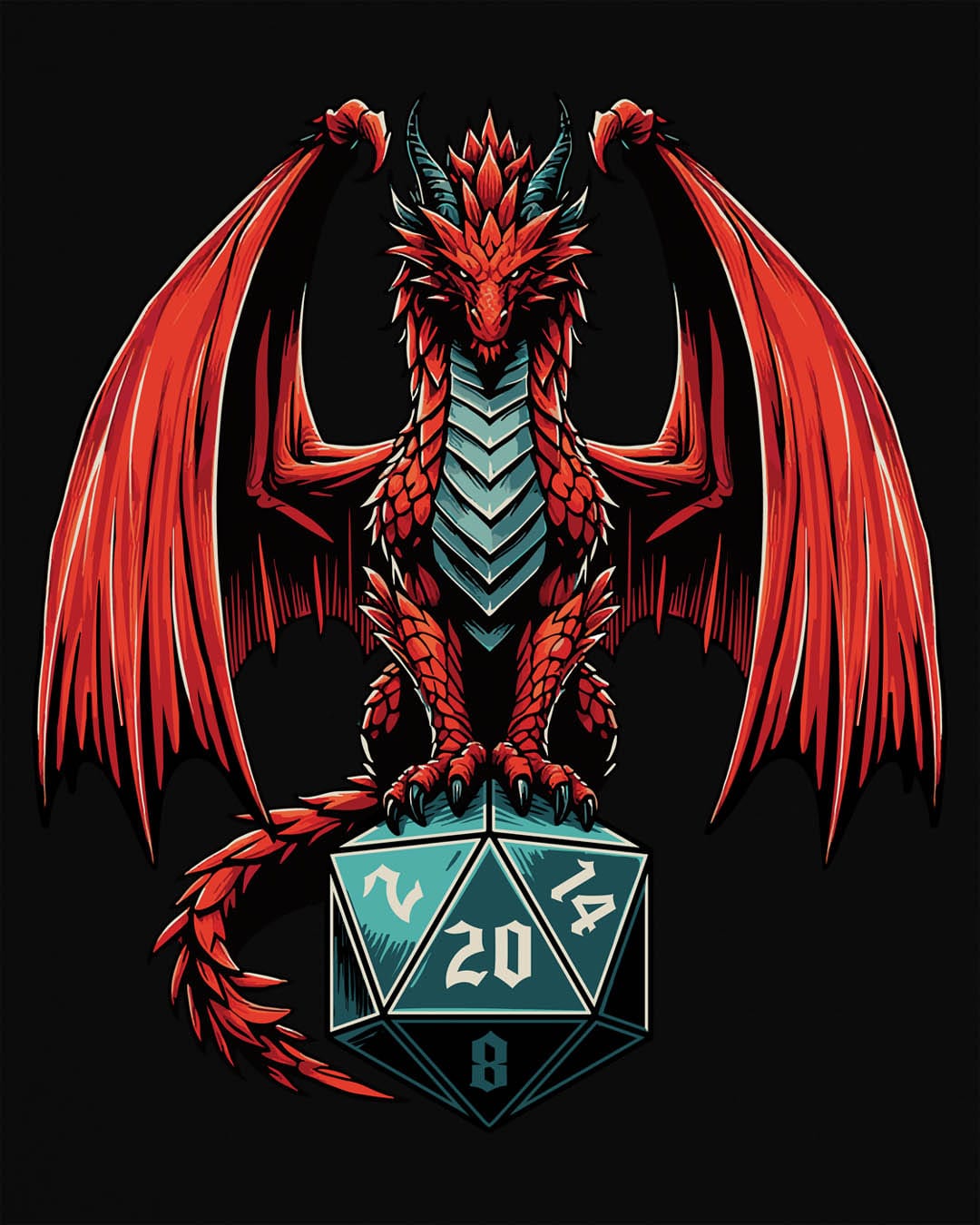 The Scarlet Warden shirt in black, featuring a red dragon perched atop a twenty-sided die.