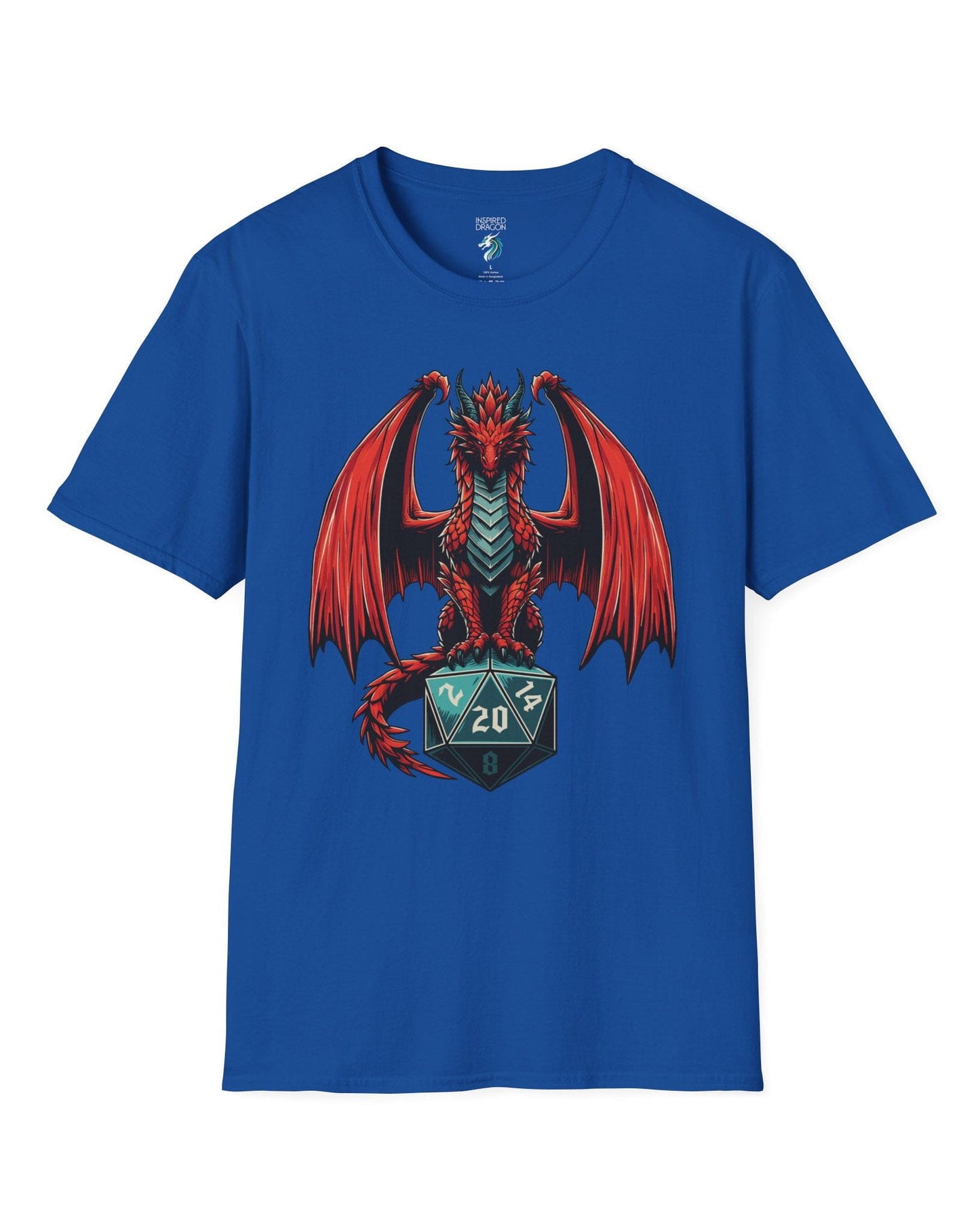 The Scarlet Warden shirt in royal blue, featuring a red dragon perched atop a teal twenty-sided die.