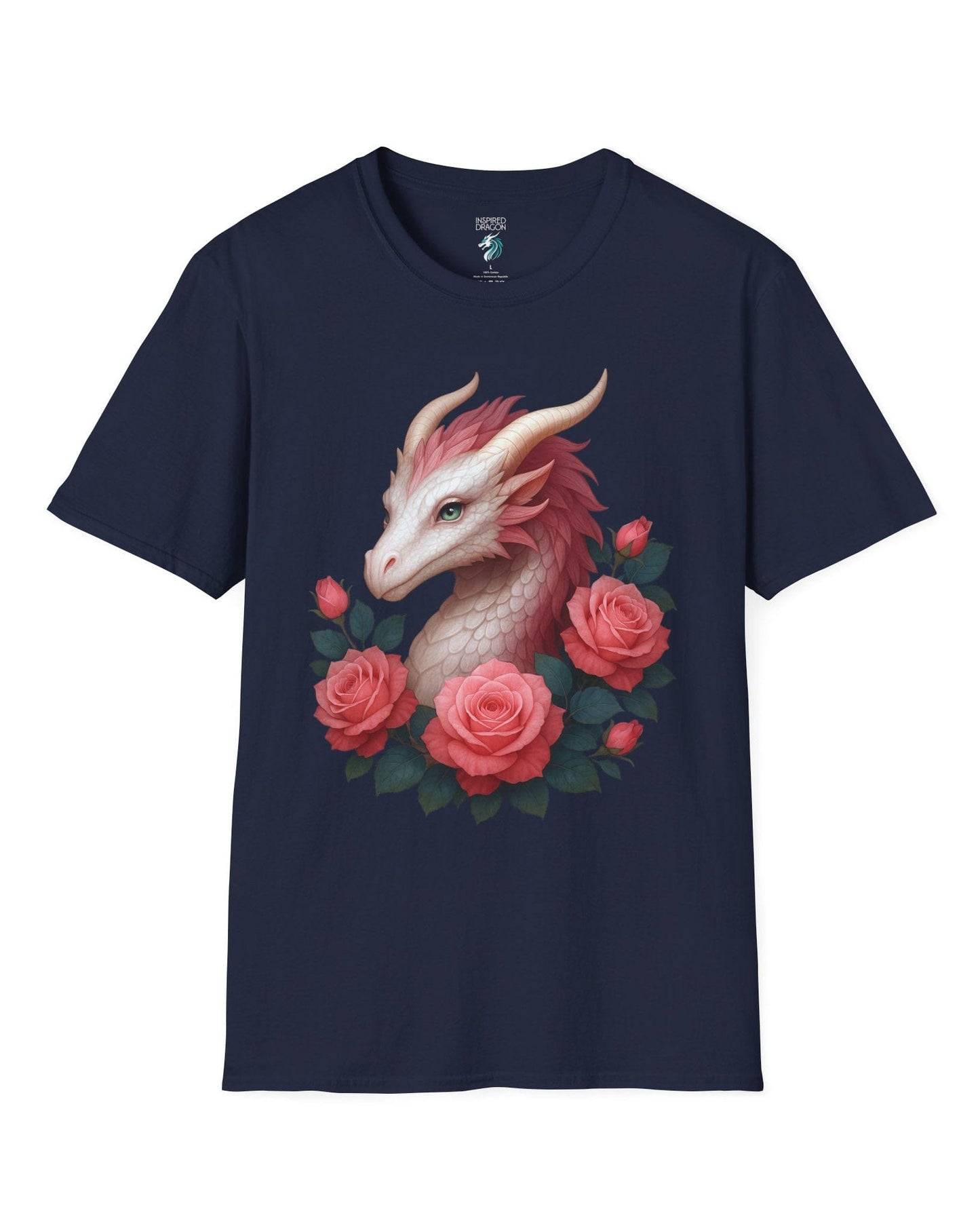 Grace of the Rose Dragon shirt in navy, featuring a soft pink dragon surrounded by blooming roses.