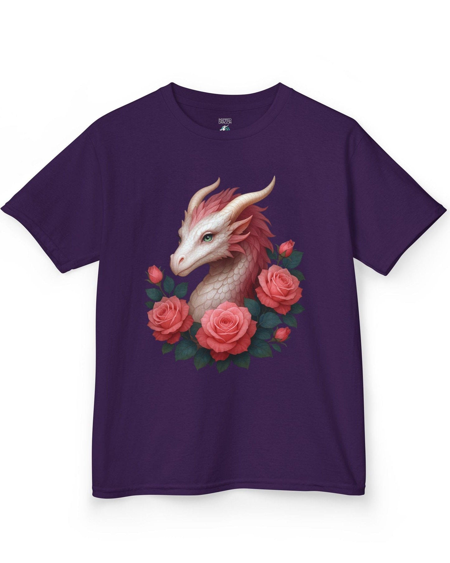 Grace of the Rose Dragon shirt in purple, featuring a soft pink dragon surrounded by blooming roses.