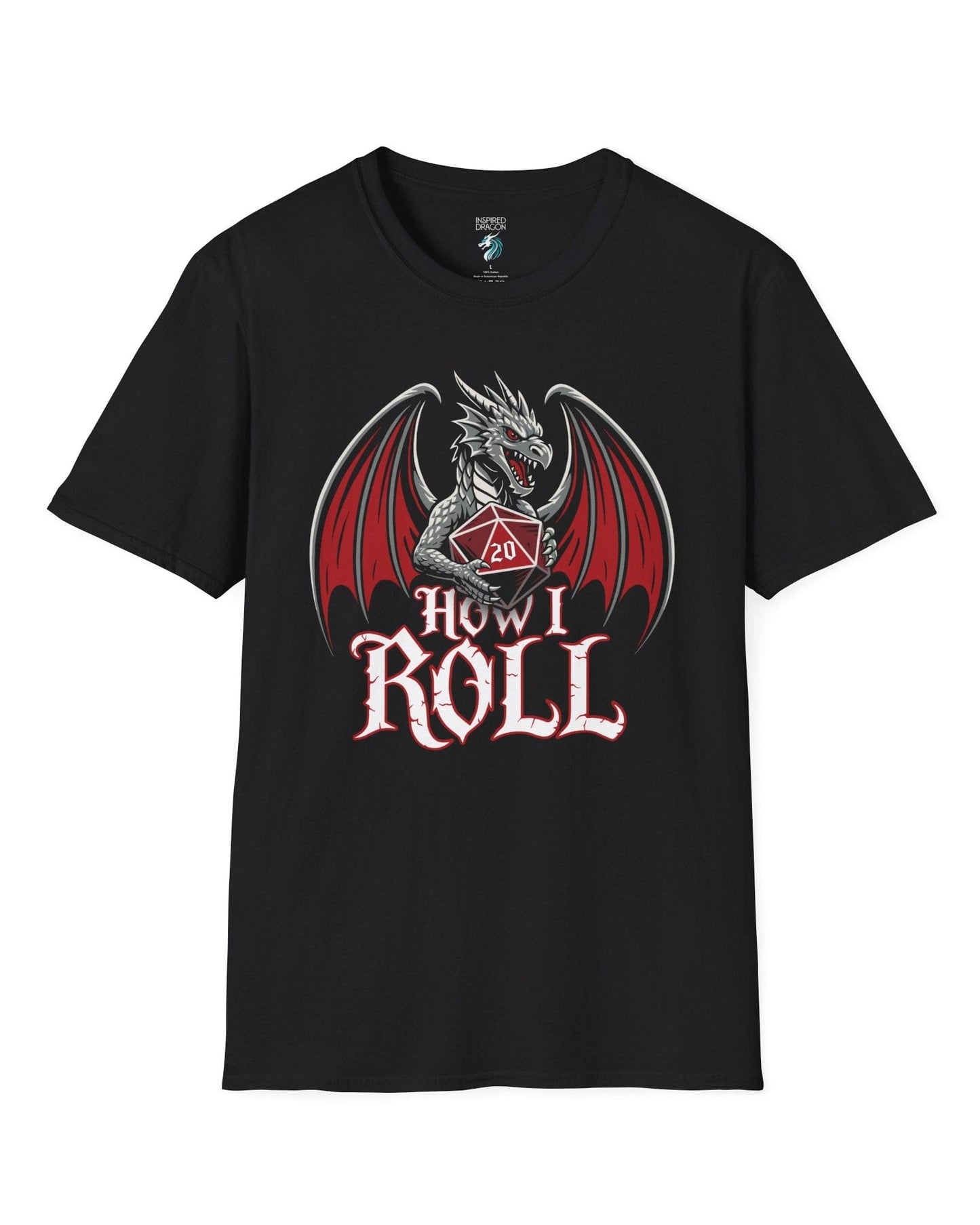 How I Roll shirt in black, featuring a fierce silver dragon gripping a red 20-sided die above text “How I Roll.”
