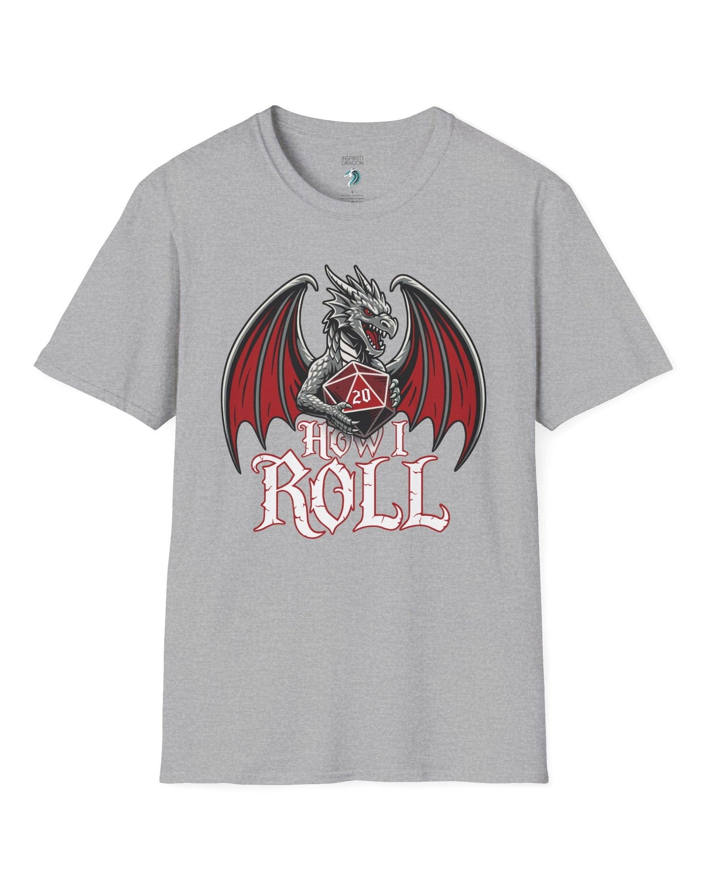 How I Roll shirt in sport grey, featuring a fierce silver dragon gripping a red 20-sided die above text “How I Roll.”