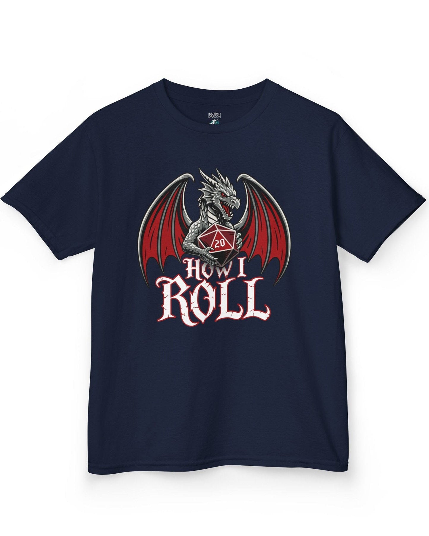 How I Roll shirt in navy, featuring a fierce silver dragon gripping a red 20-sided die above text “How I Roll.”