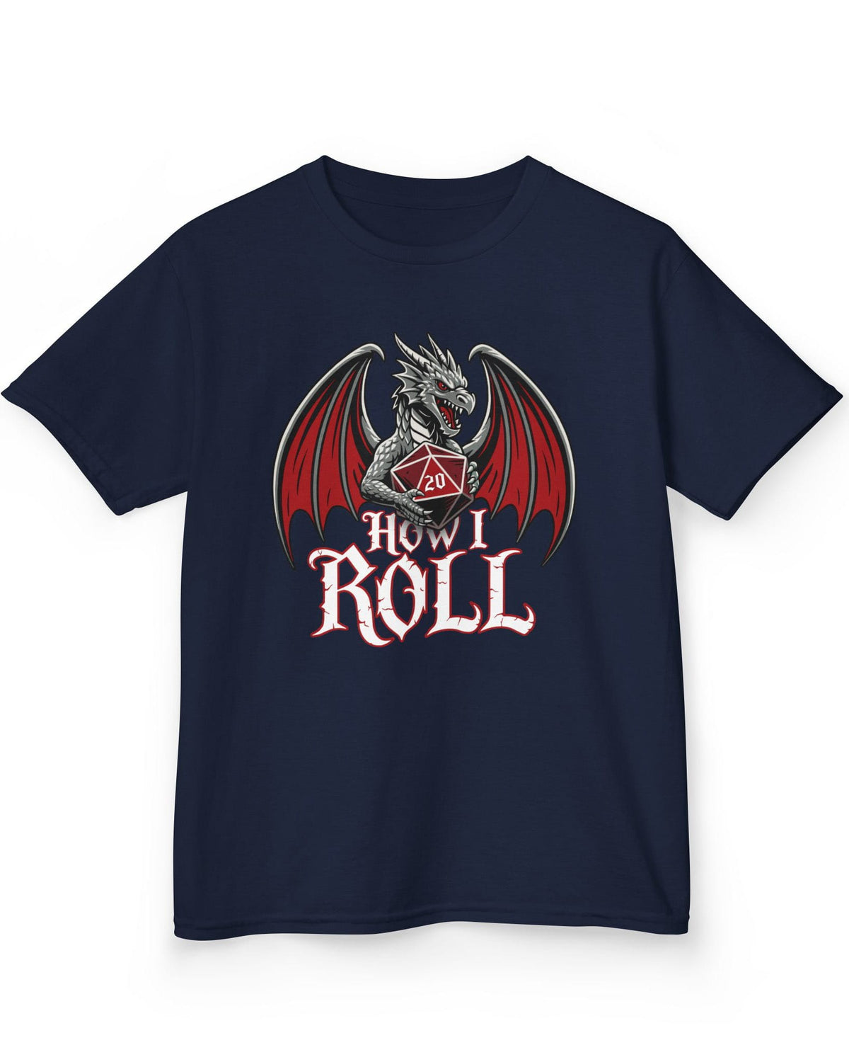How I Roll shirt in navy, featuring a fierce silver dragon gripping a red 20-sided die above text “How I Roll.”