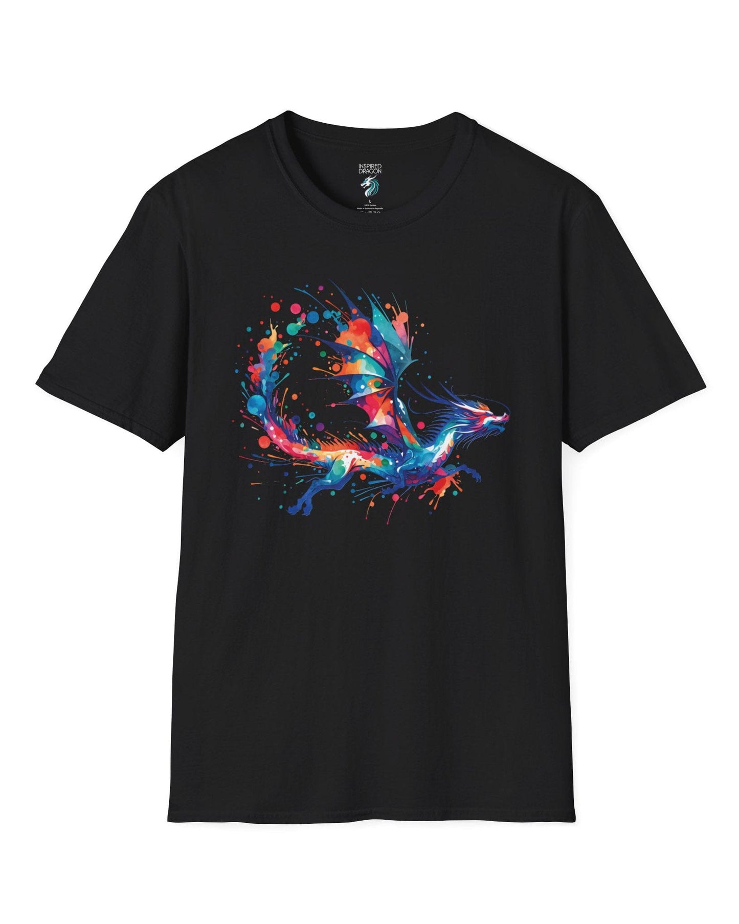 Splatterwing shirt in black, featuring a vibrant dragon made of dynamic multicolor paint splashes.
