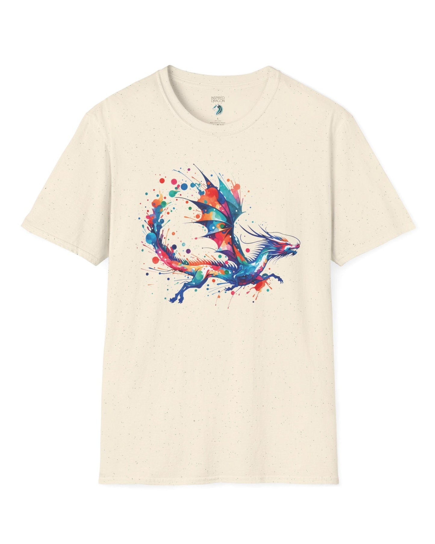 Splatterwing shirt in natural, featuring a vibrant dragon made of dynamic multicolor paint splashes.