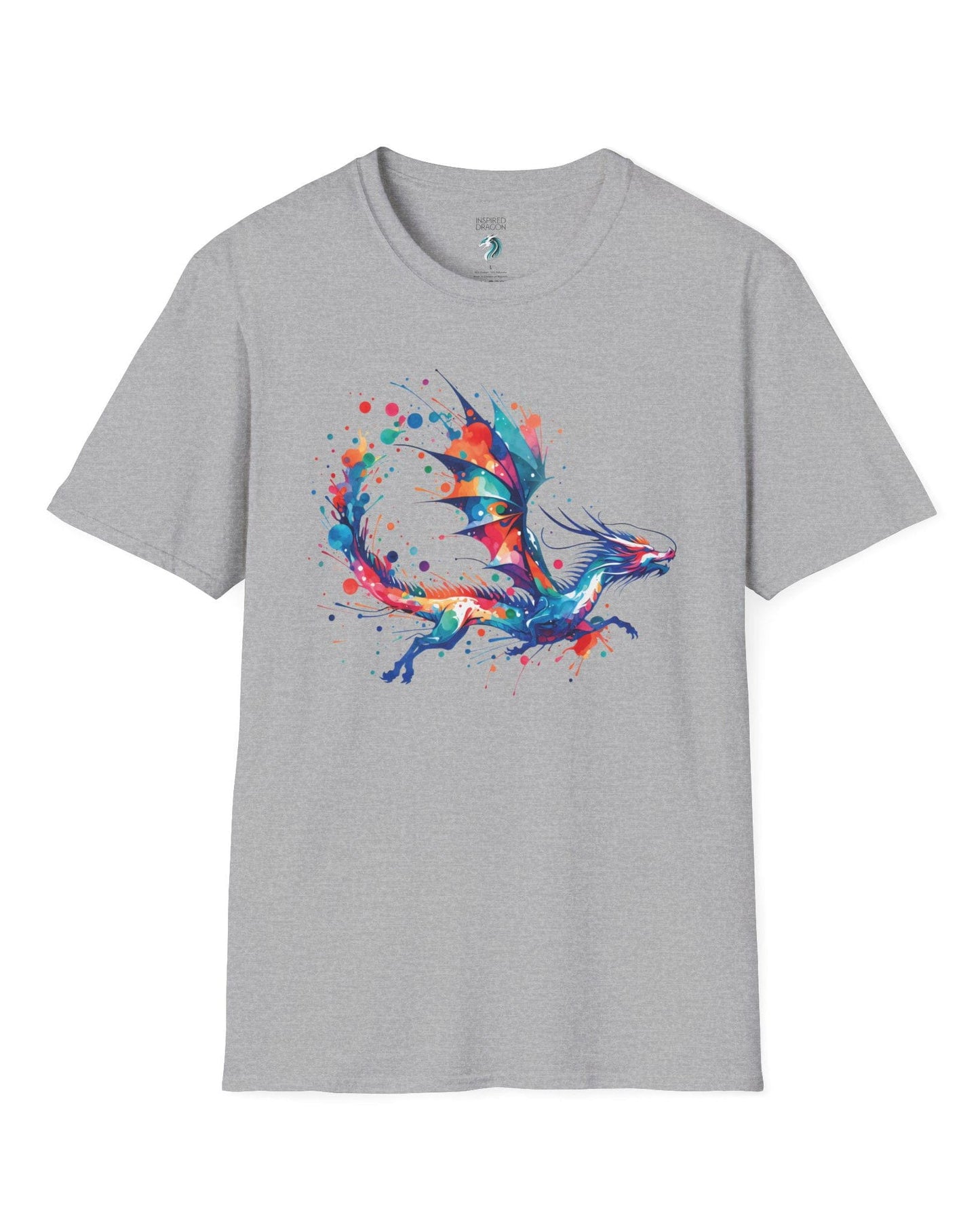 Splatterwing shirt in sport grey, featuring a vibrant dragon made of dynamic multicolor paint splashes.