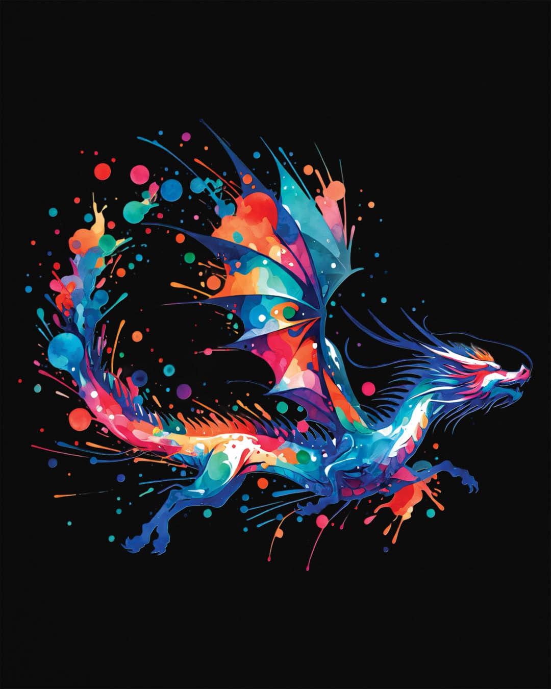 Splatterwing shirt in black, featuring a vibrant dragon made of dynamic multicolor paint splashes.