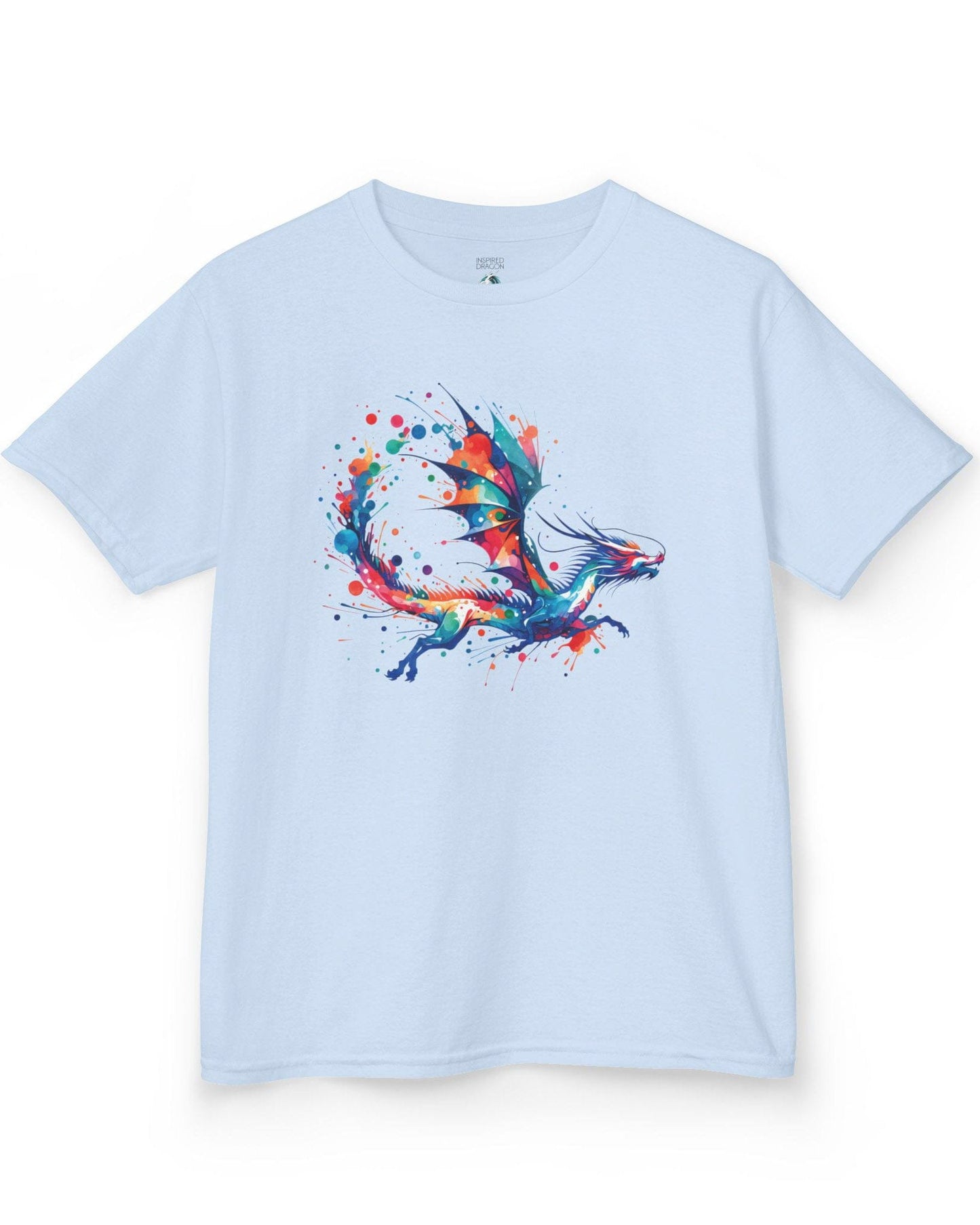 Splatterwing shirt in light blue, featuring a vibrant dragon made of dynamic multicolor paint splashes.