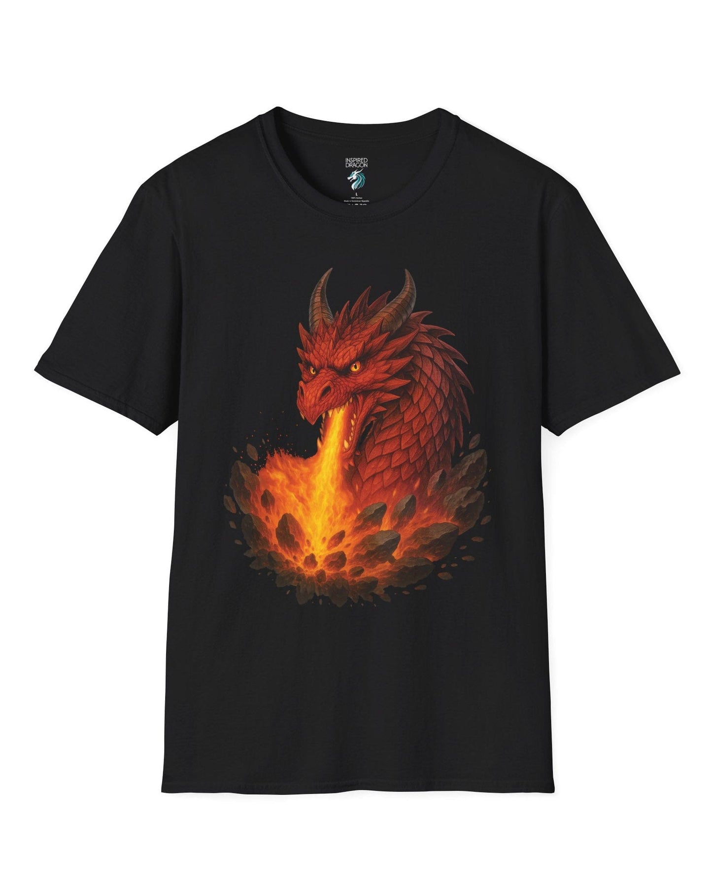 Scorched Earth shirt in black, featuring a fierce red dragon unleashing a fiery blast amid erupting rocks.