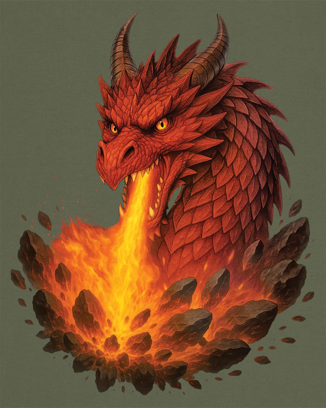 Scorched Earth shirt in military green, featuring a fierce red dragon unleashing a fiery blast amid erupting rocks.
