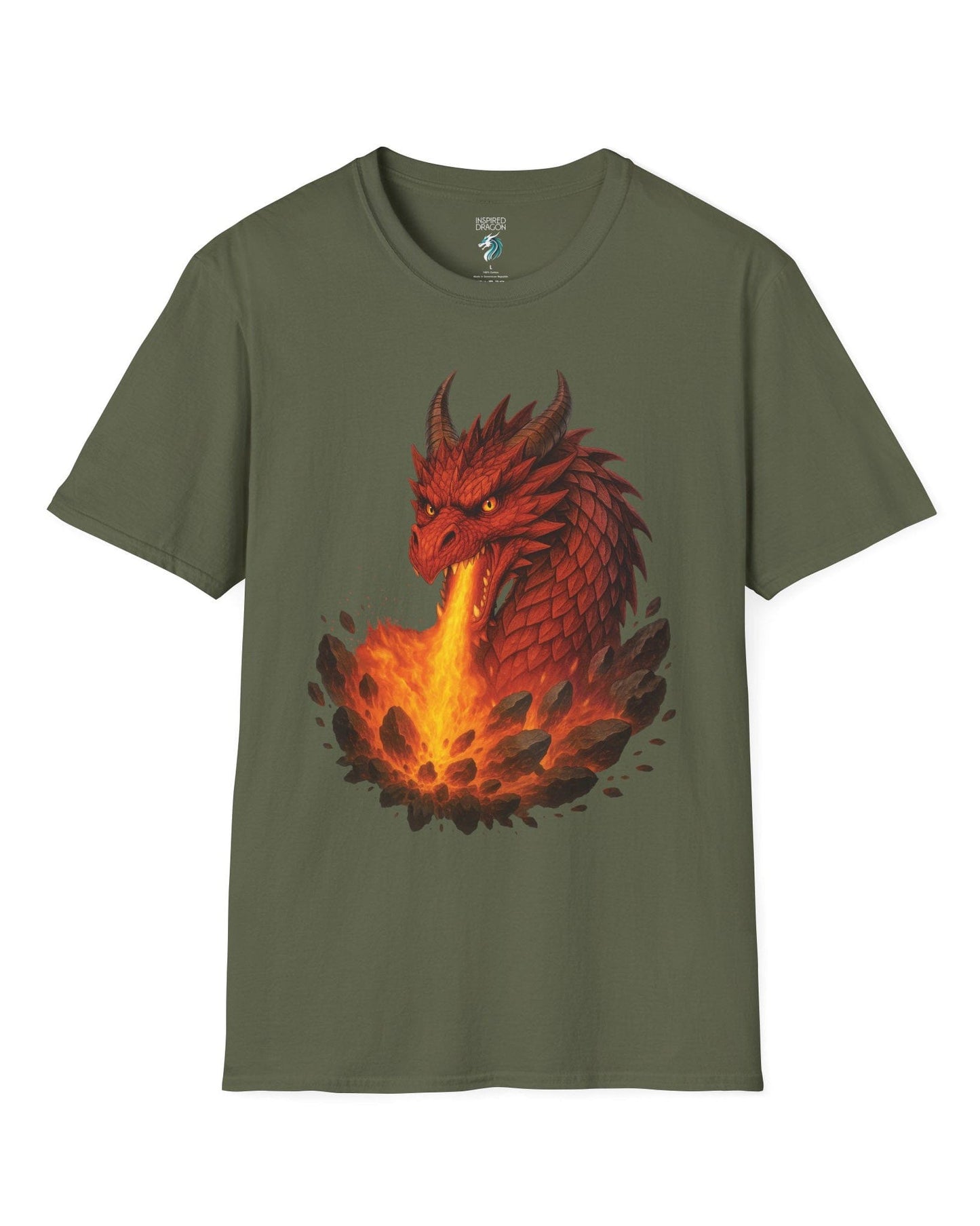 Scorched Earth shirt in military green, featuring a fierce red dragon unleashing a fiery blast amid erupting rocks.