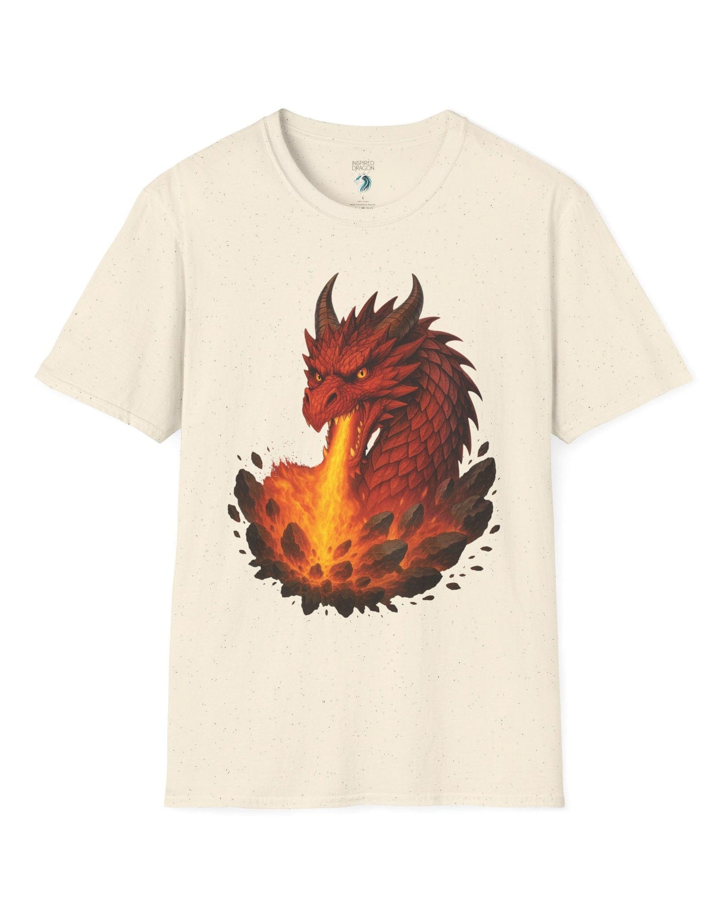 Scorched Earth shirt in natural, featuring a fierce red dragon unleashing a fiery blast amid erupting rocks.