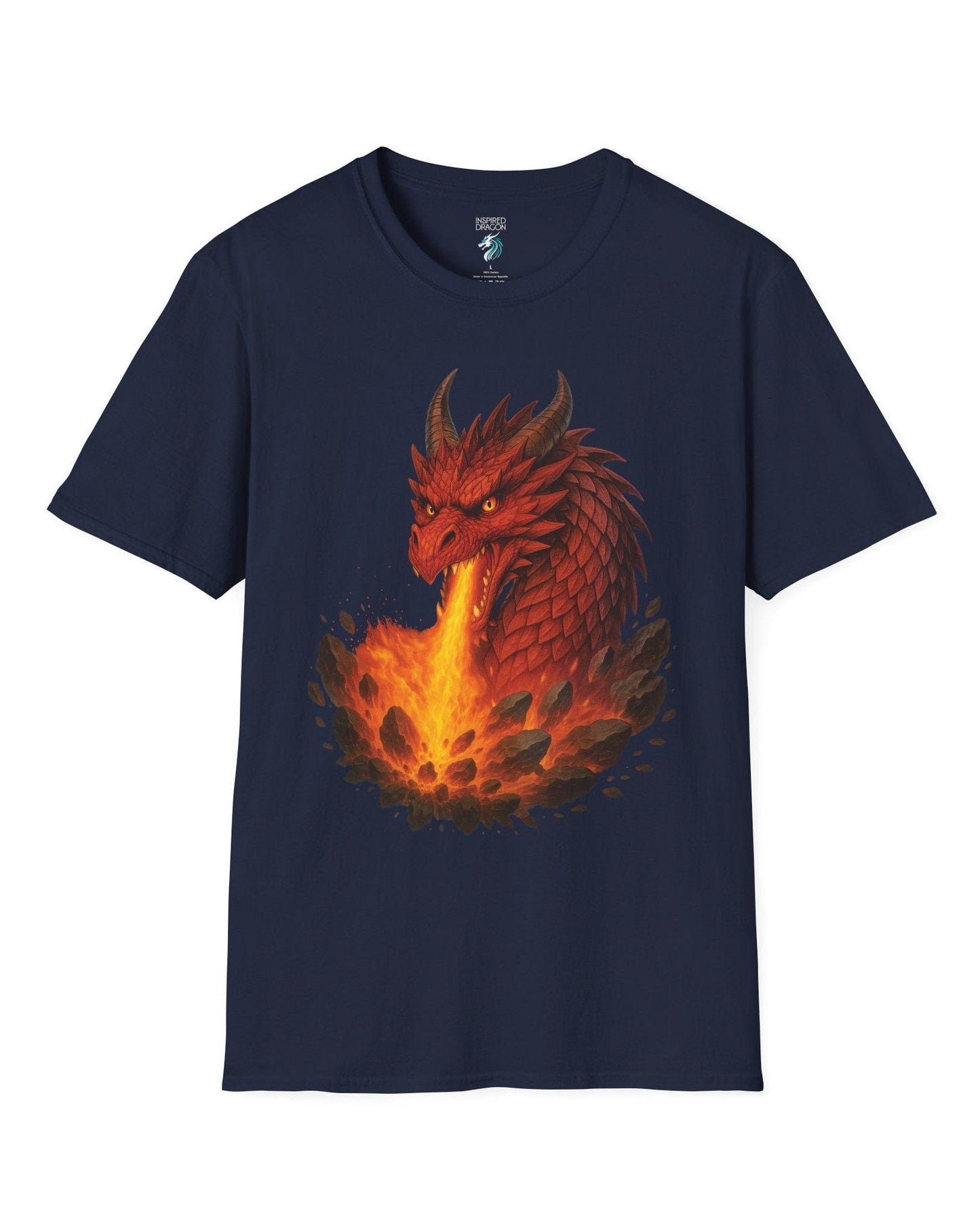 Scorched Earth shirt in navy, featuring a fierce red dragon unleashing a fiery blast amid erupting rocks.