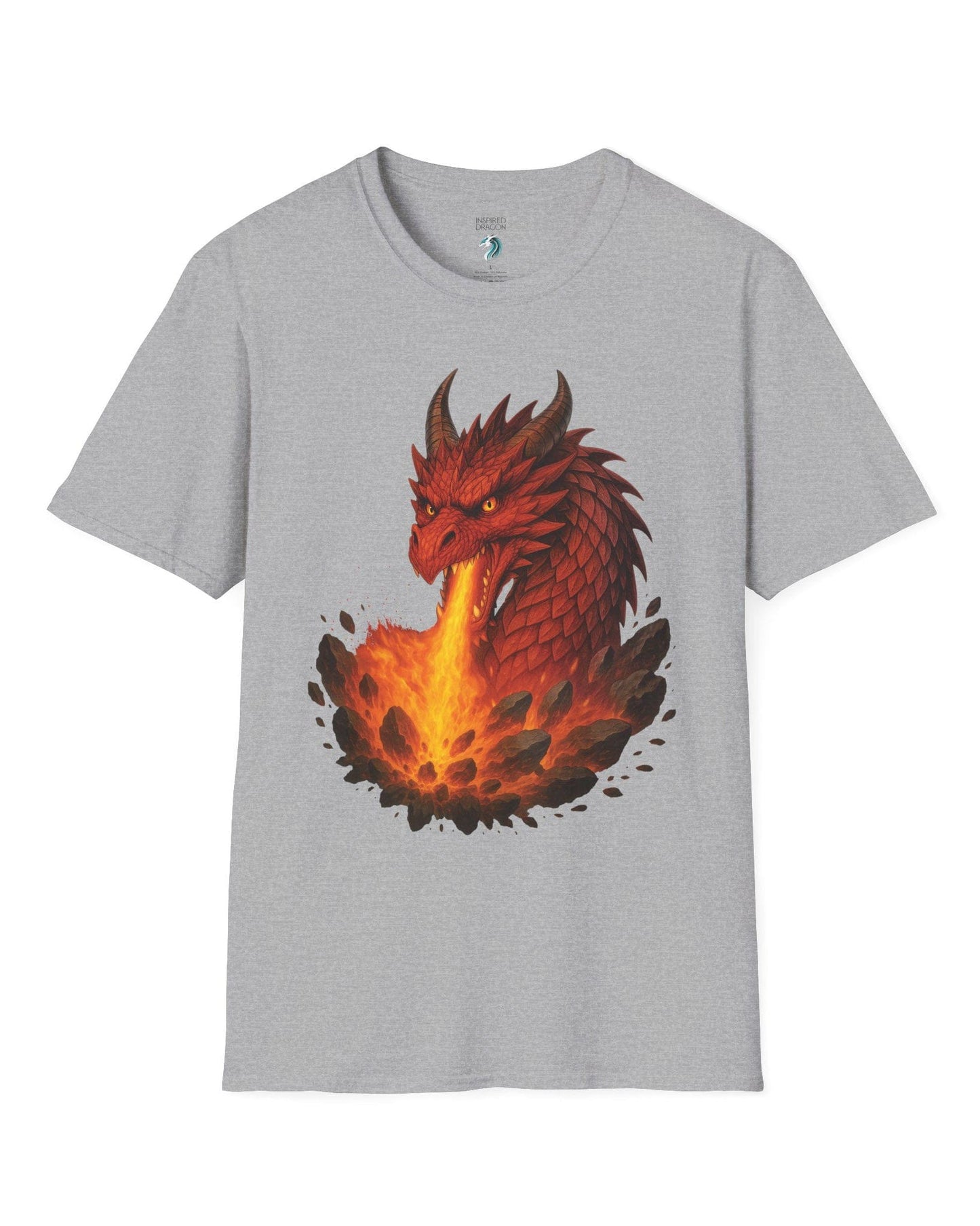 Scorched Earth shirt in sport grey, featuring a fierce red dragon unleashing a fiery blast amid erupting rocks.