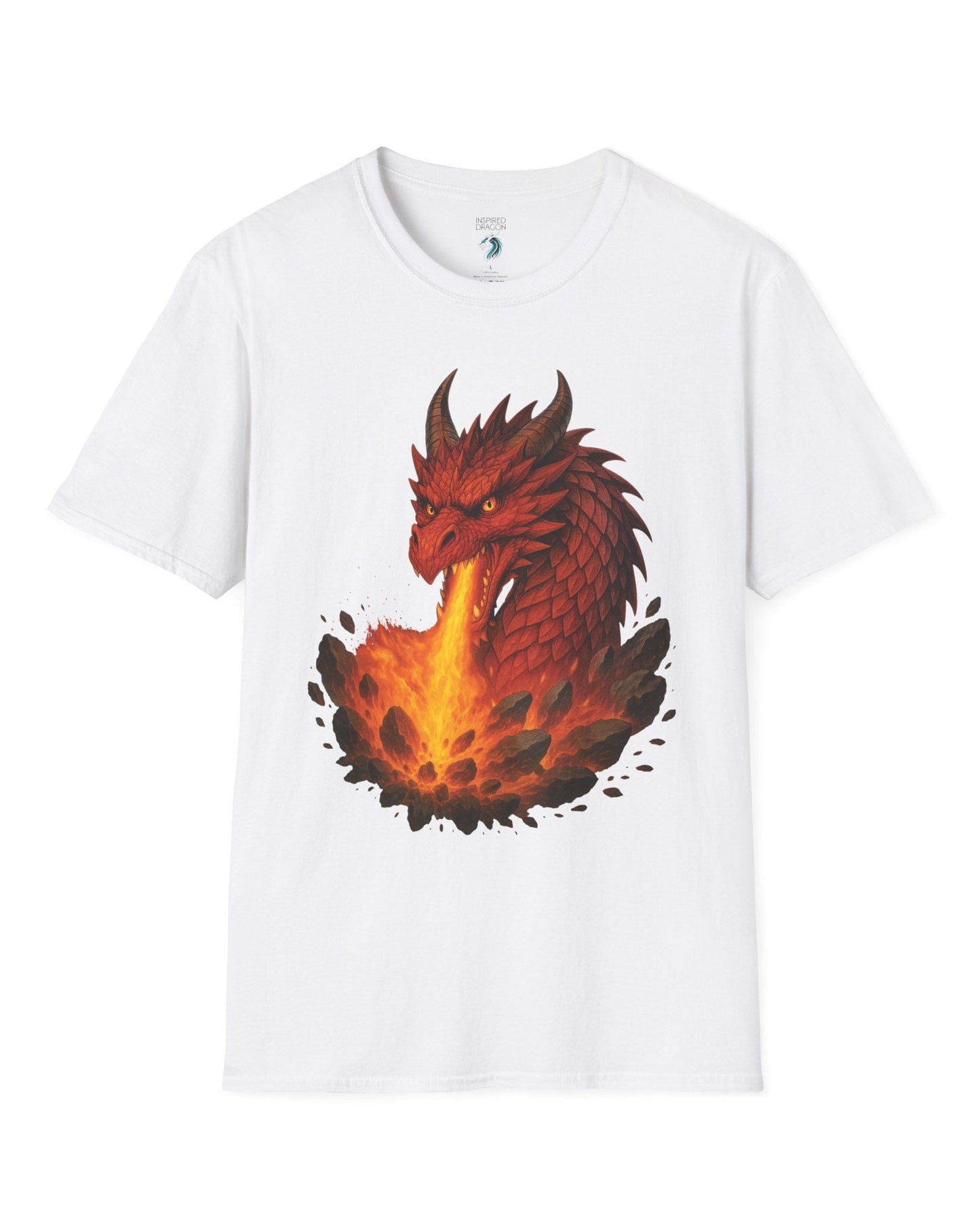 Scorched Earth shirt in white, featuring a fierce red dragon unleashing a fiery blast amid erupting rocks.
