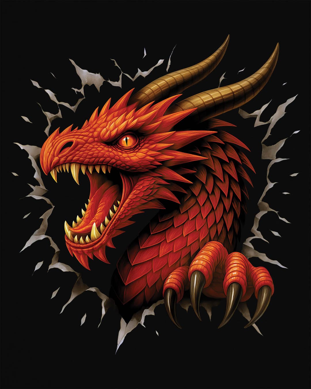 The Dragon Inside shirt in black featuring a red dragon bursting through a torn opening with sharp fangs and claws.