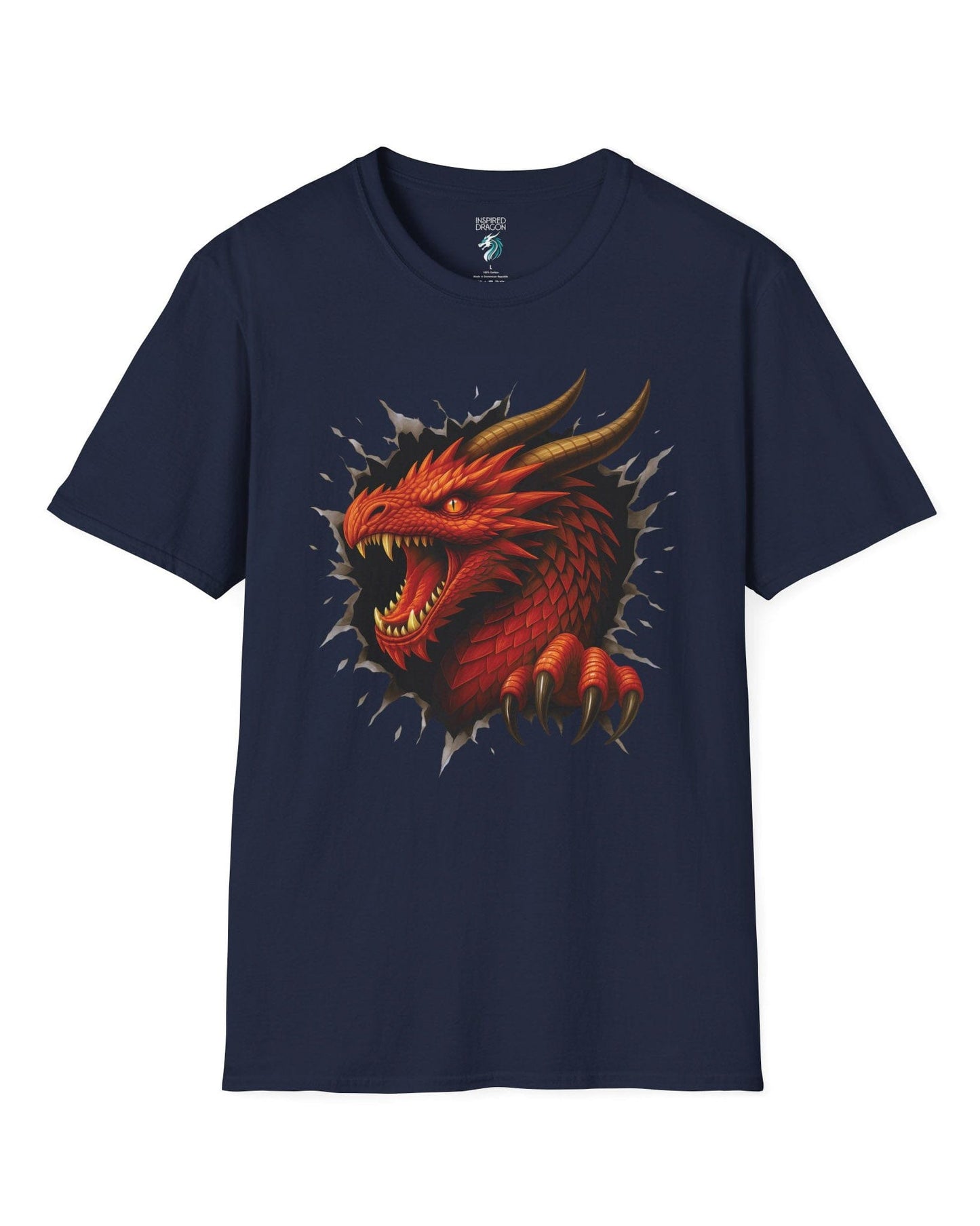 The Dragon Inside shirt in navy featuring a red dragon bursting through a torn opening with sharp fangs and claws.