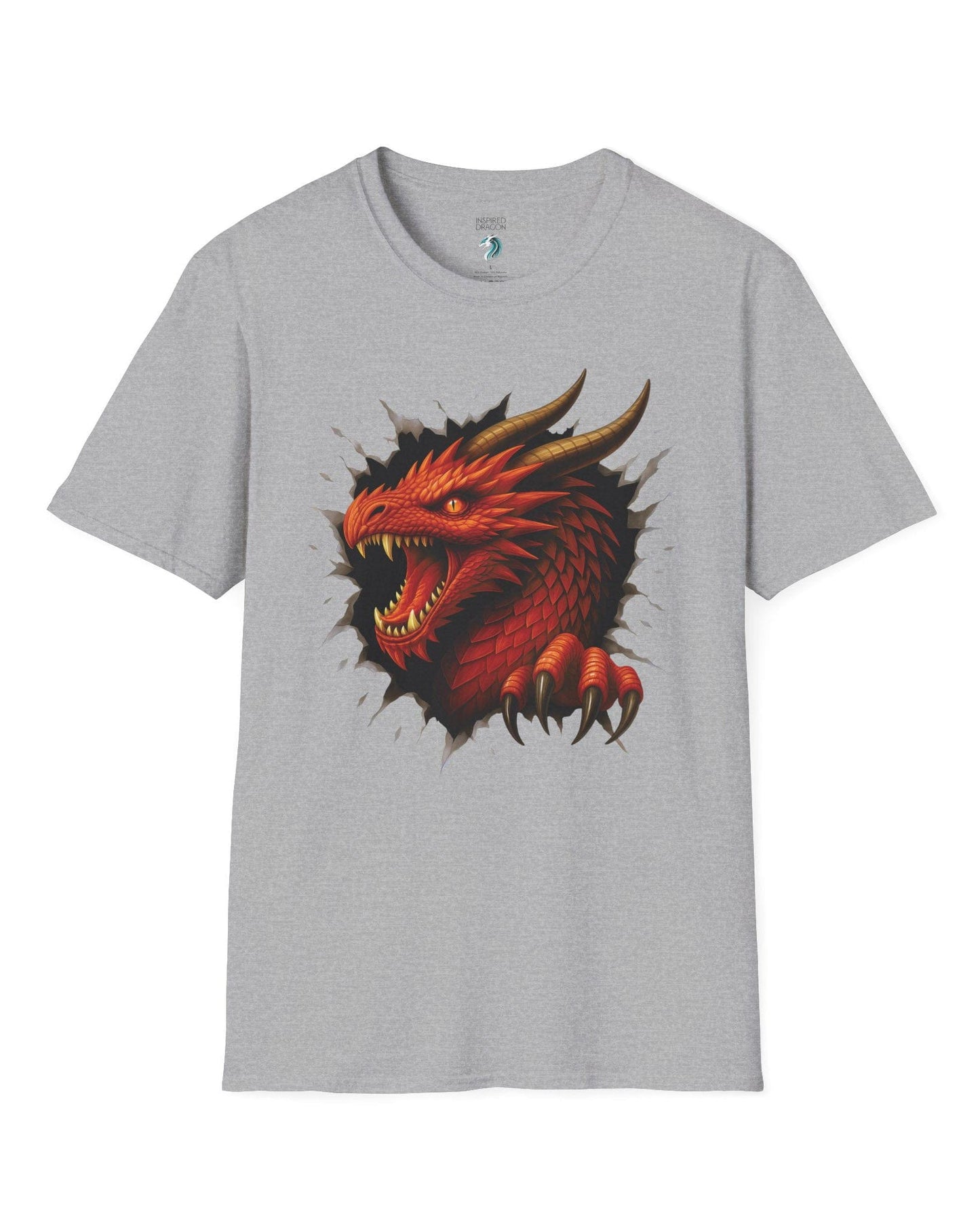 The Dragon Inside shirt in sport grey featuring a red dragon bursting through a torn opening with sharp fangs and claws.