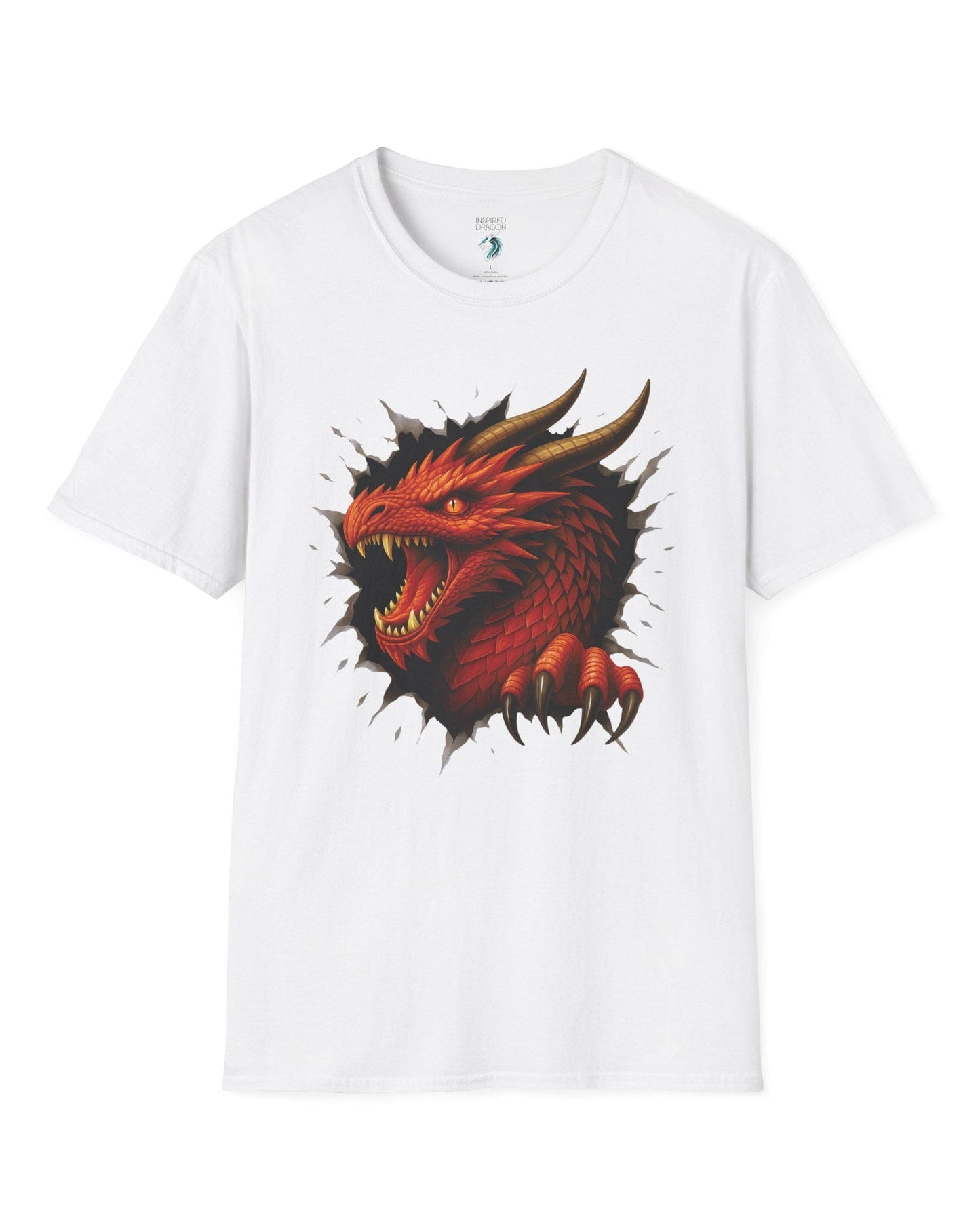 The Dragon Inside shirt in white featuring a red dragon bursting through a torn opening with sharp fangs and claws.
