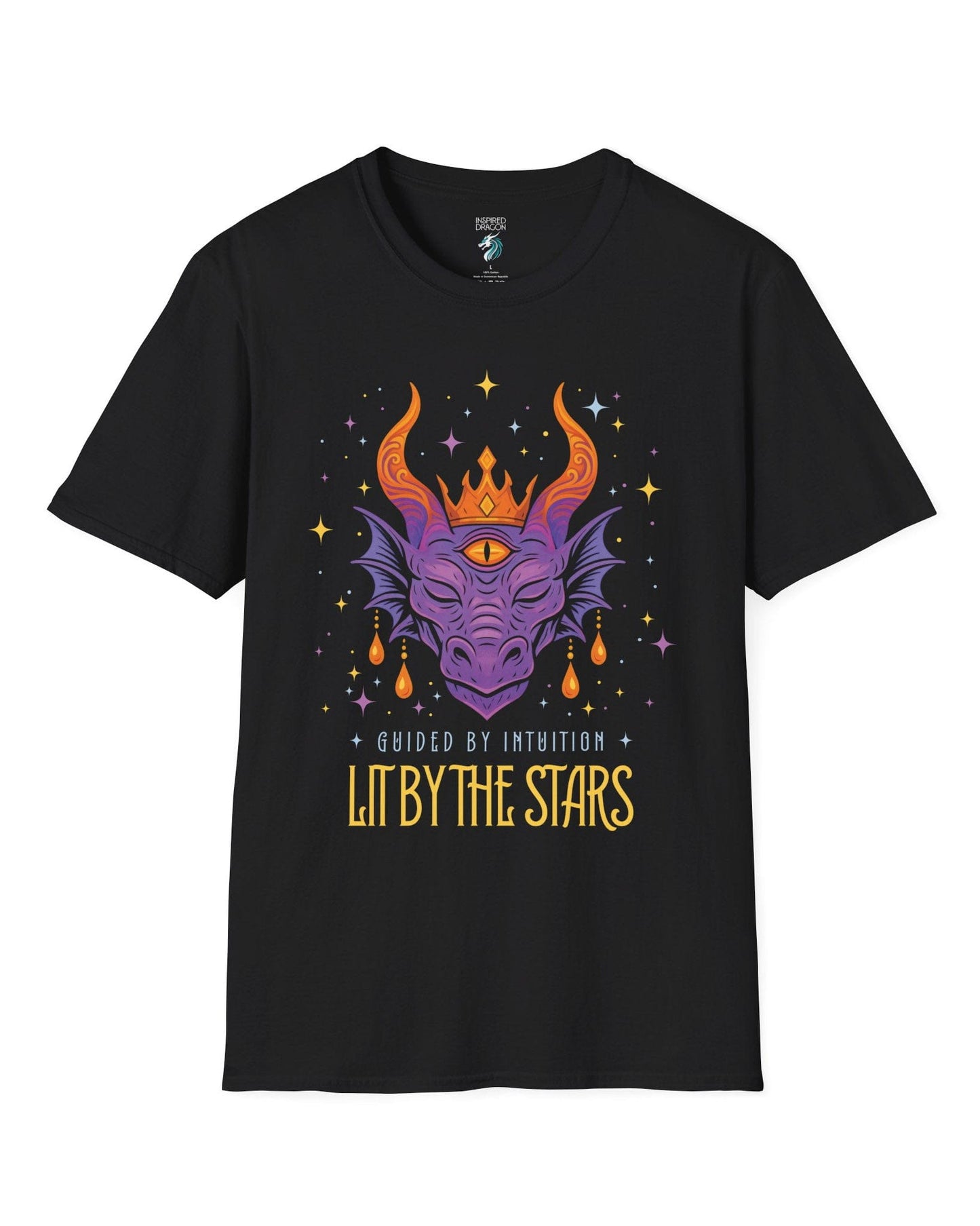 Lit by the Stars shirt in black featuring a crowned purple dragon with a third eye, surrounded by colorful stars.