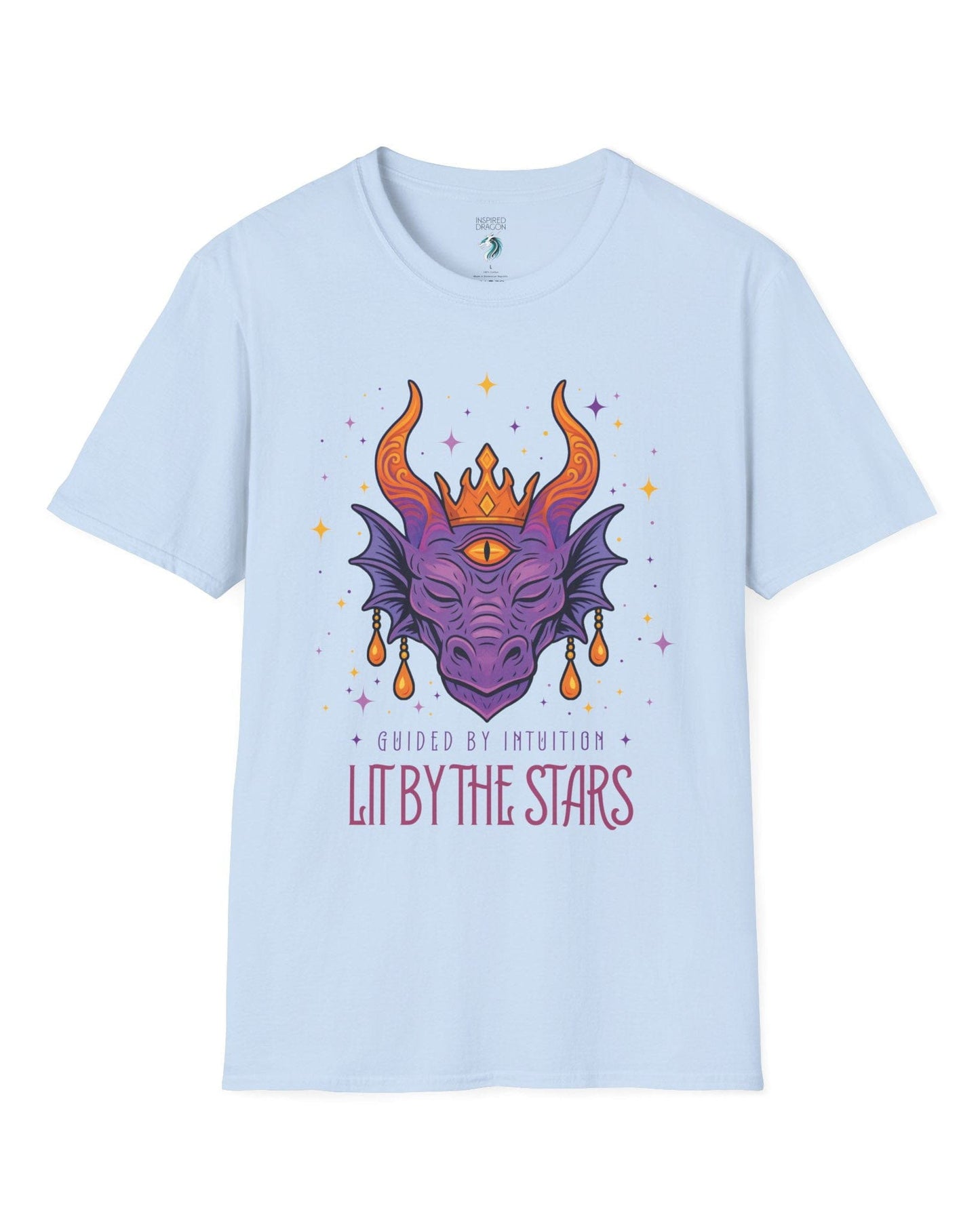 Lit by the Stars shirt in light blue featuring a crowned purple dragon with a third eye, surrounded by colorful stars.