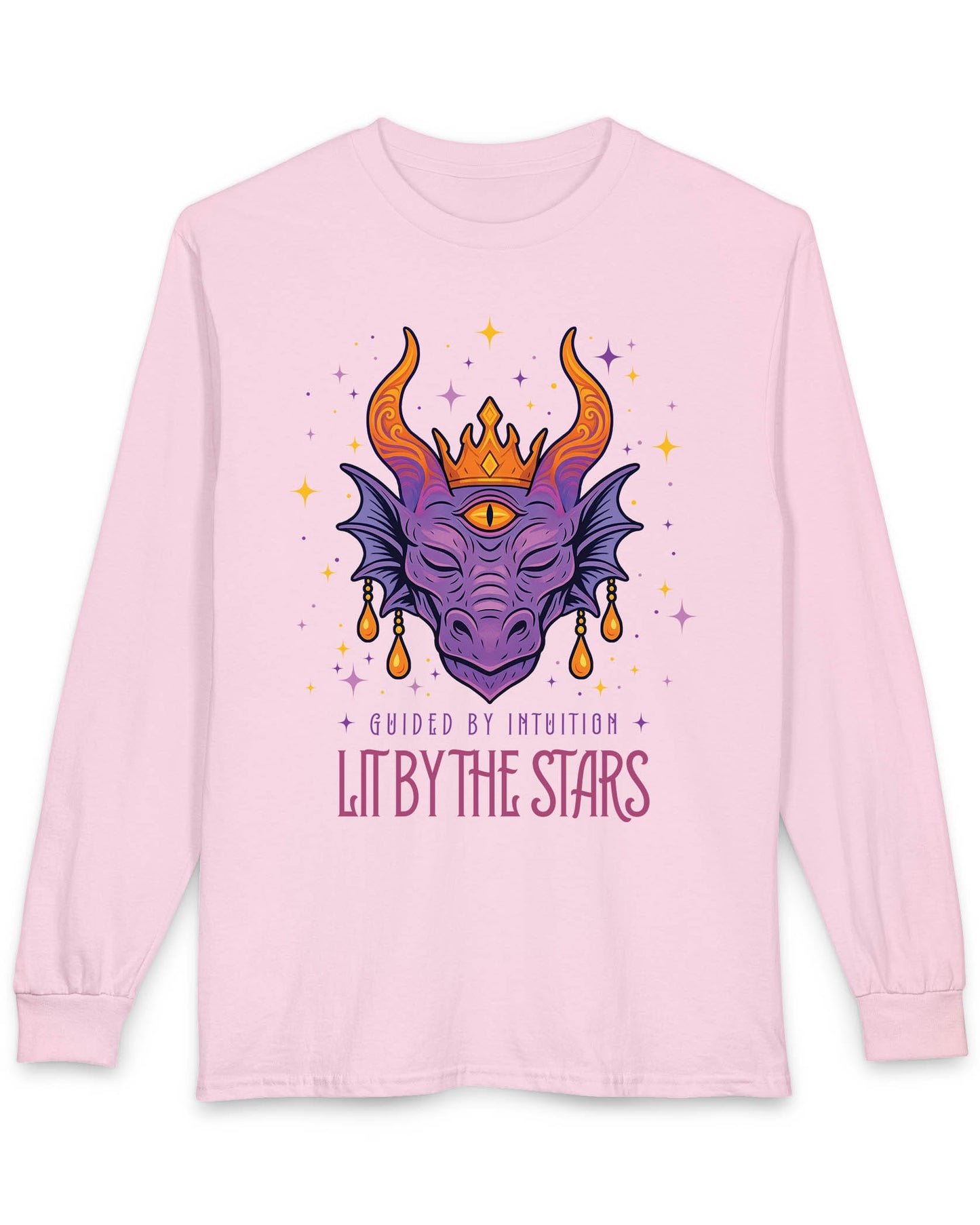 Lit by the Stars shirt in light pink featuring a crowned purple dragon with a third eye, surrounded by colorful stars