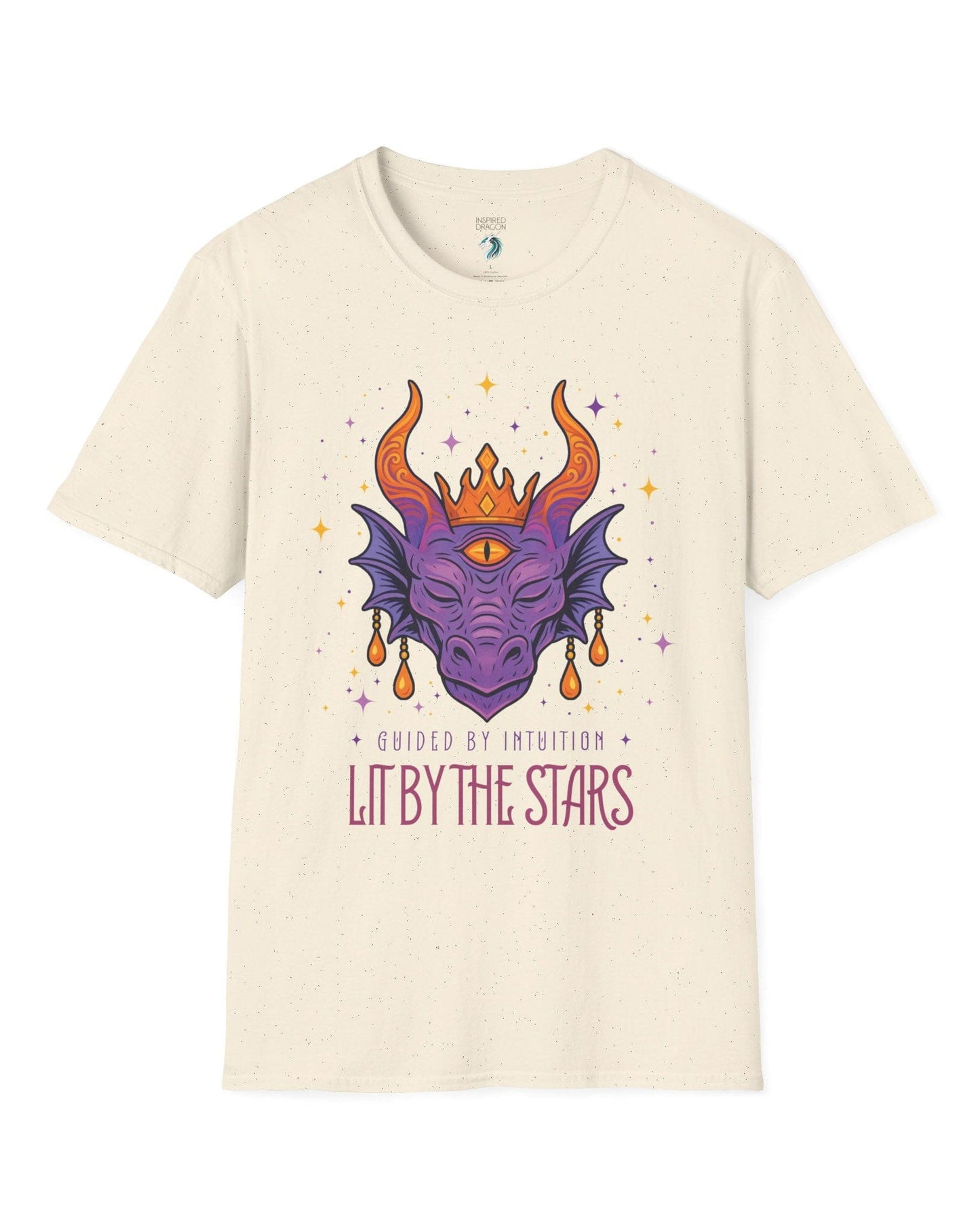 Lit by the Stars shirt in natural featuring a crowned purple dragon with a third eye, surrounded by colorful stars.