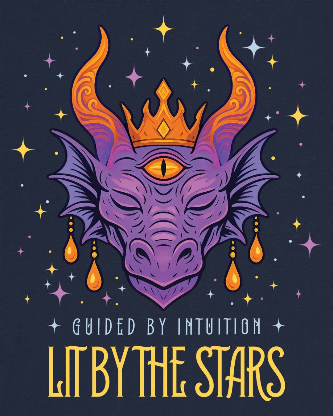 Lit by the Stars shirt in navy featuring a crowned purple dragon with a third eye, surrounded by colorful stars.