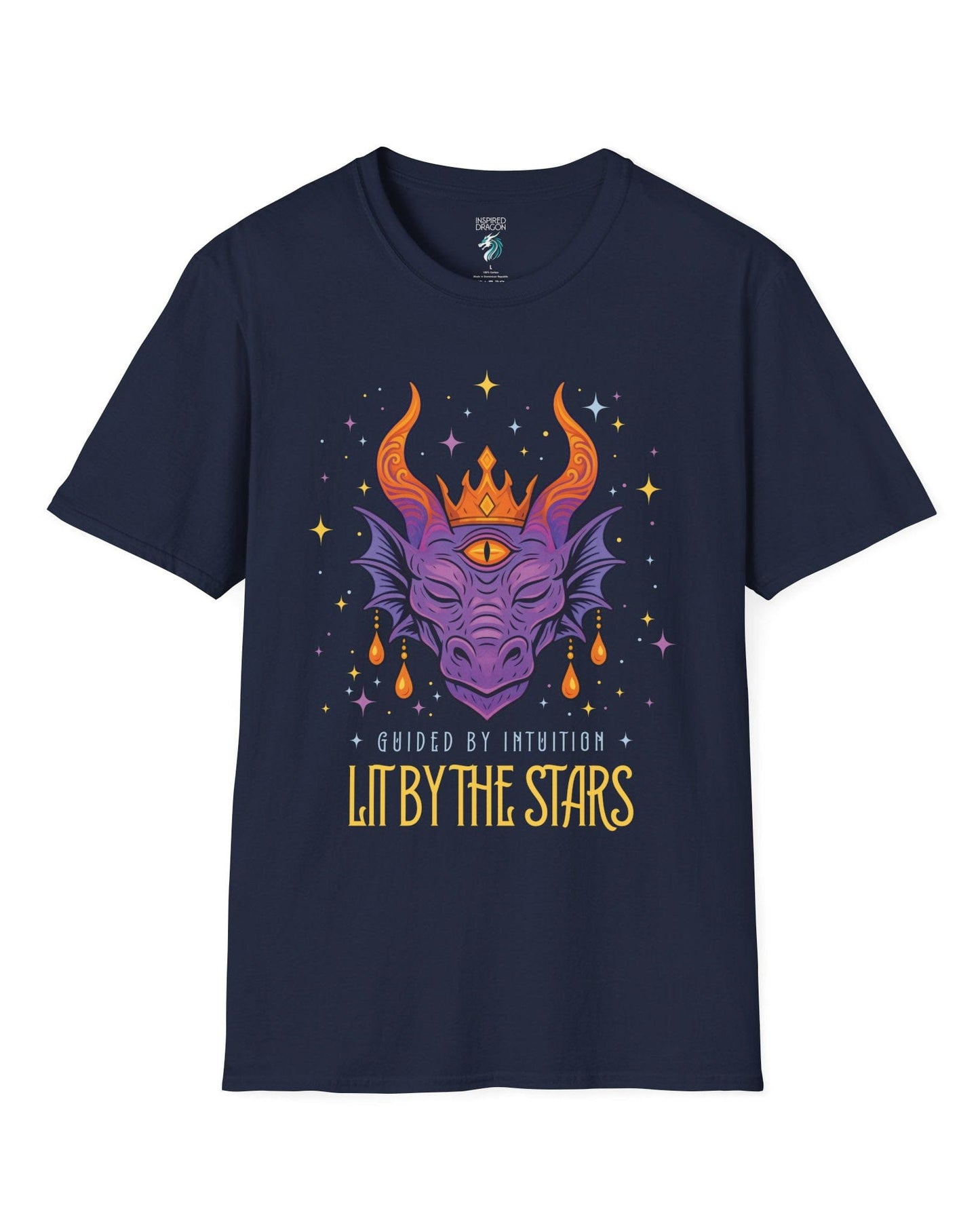 Lit by the Stars shirt in navy featuring a crowned purple dragon with a third eye, surrounded by colorful stars.