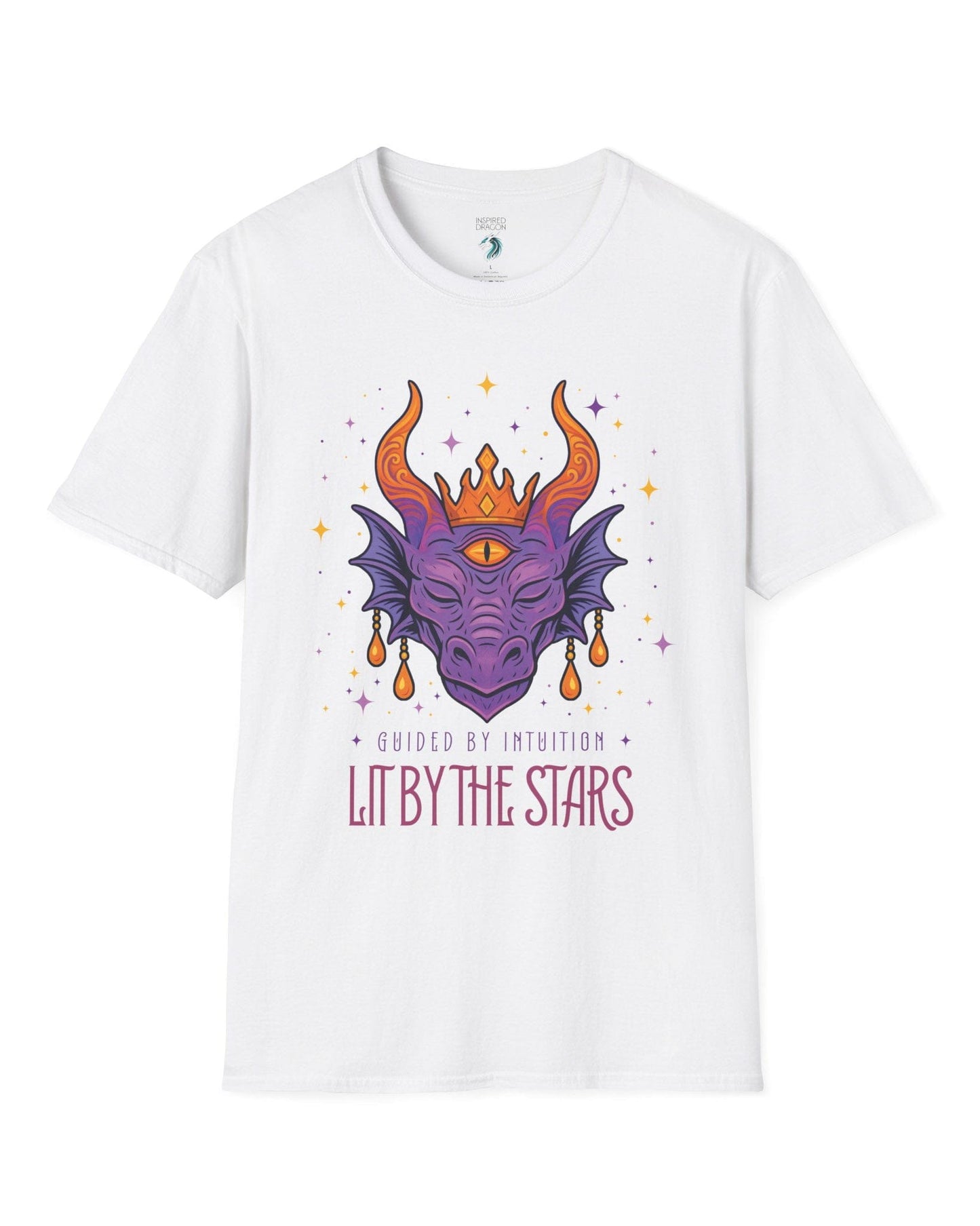 Lit by the Stars shirt in white featuring a crowned purple dragon with a third eye, surrounded by colorful stars.