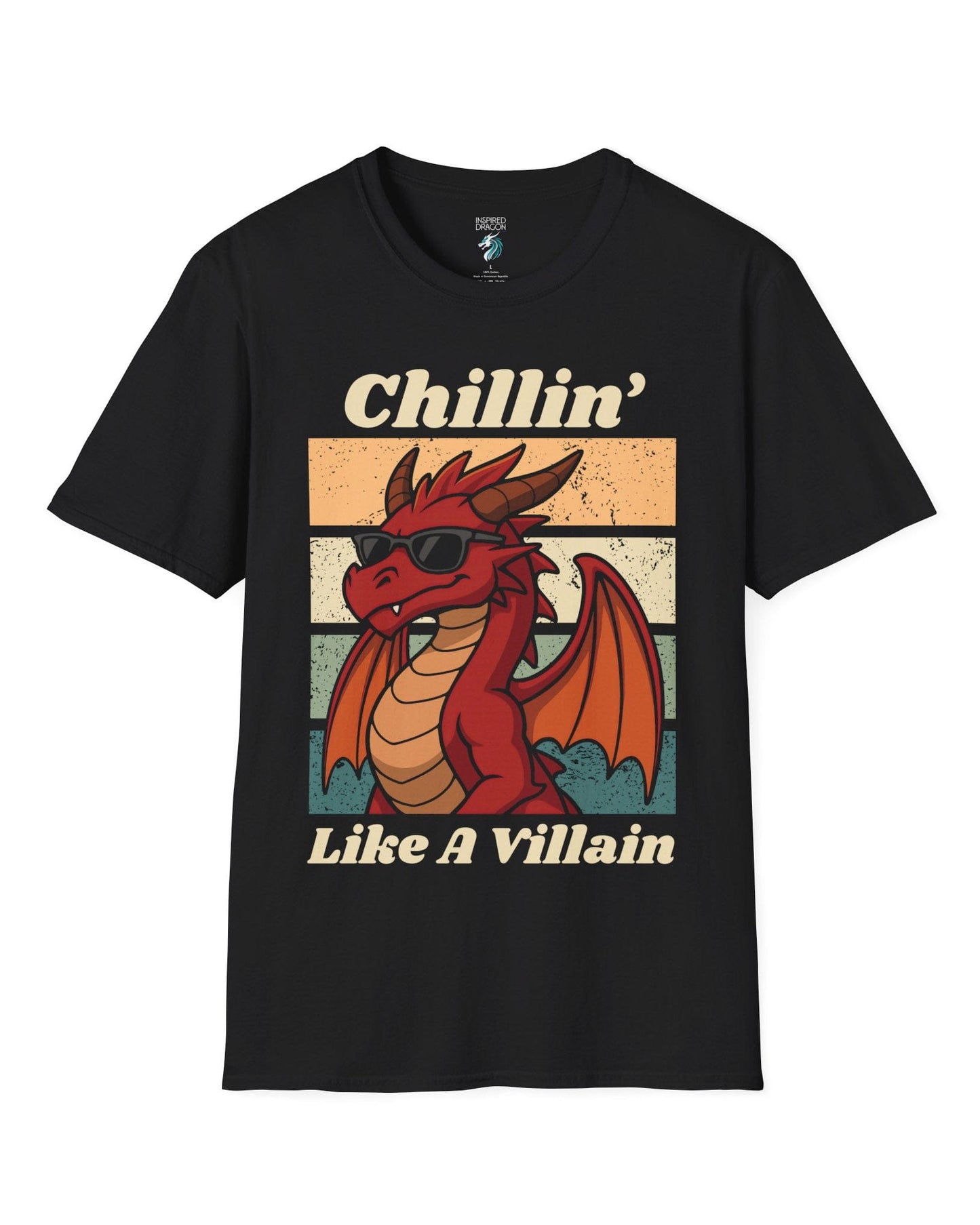 Chillin' Like a Villain shirt in black, featuring a red dragon in sunglasses against a retro sunset background.