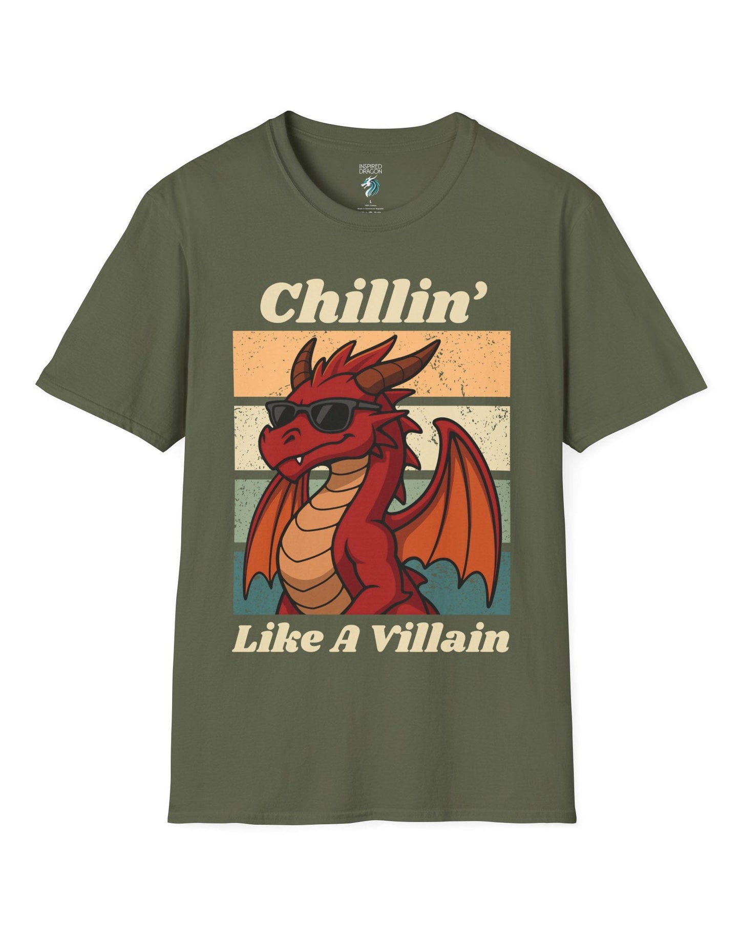 Chillin' Like a Villain shirt in military green, featuring a red dragon in sunglasses against a retro sunset background.