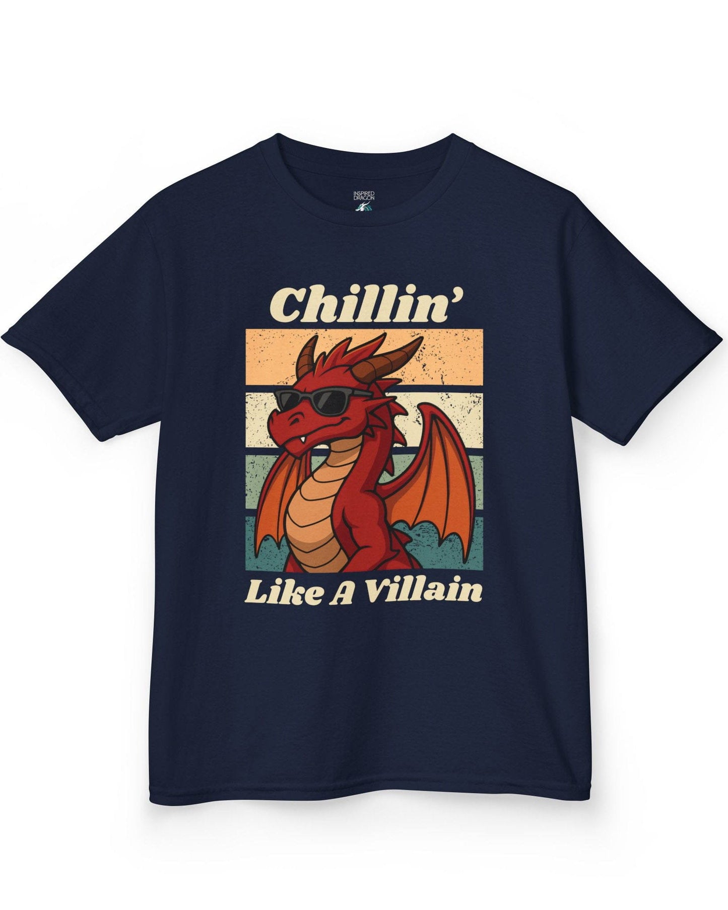Chillin' Like a Villain shirt in navy, featuring a red dragon in sunglasses against a retro sunset background.