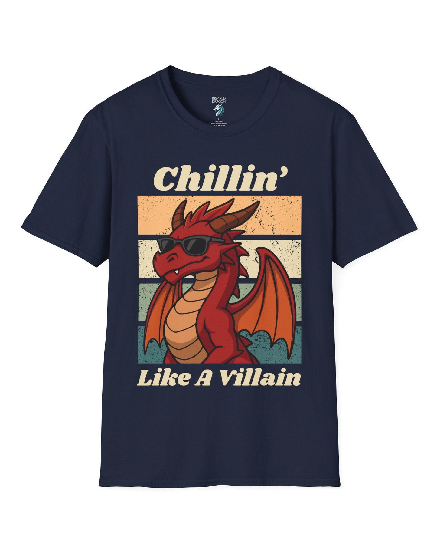 Chillin' Like a Villain shirt in navy, featuring a red dragon in sunglasses against a retro sunset background.