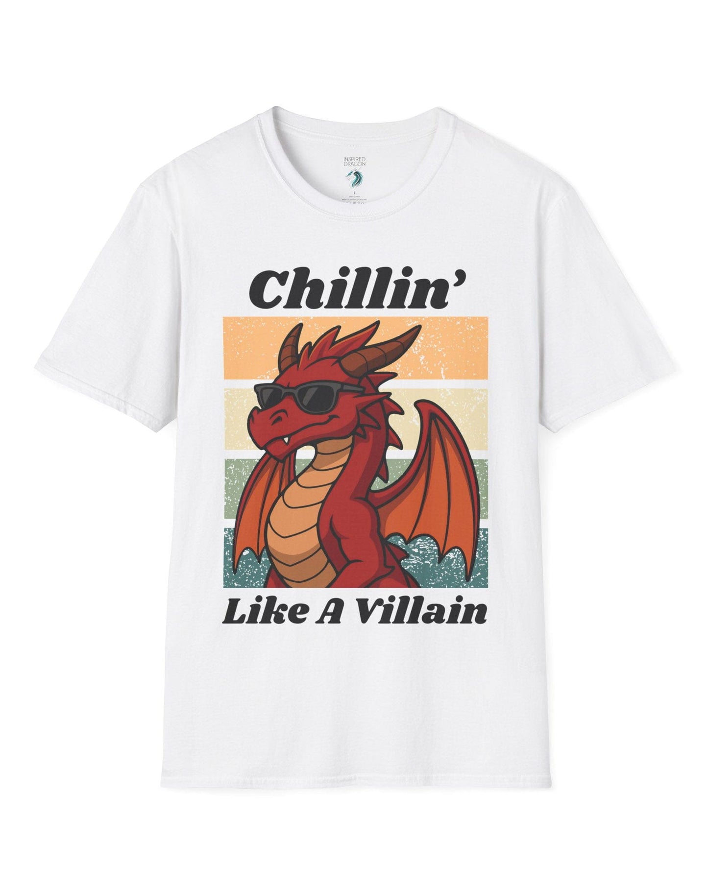 Chillin' Like a Villain shirt in white, featuring a red dragon in sunglasses against a retro sunset background.
