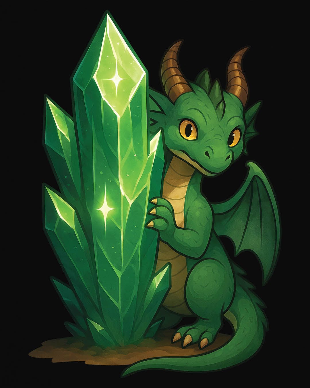 Keeper of the Crystals shirt in black, featuring a green dragon guarding a glowing emerald crystal cluster.