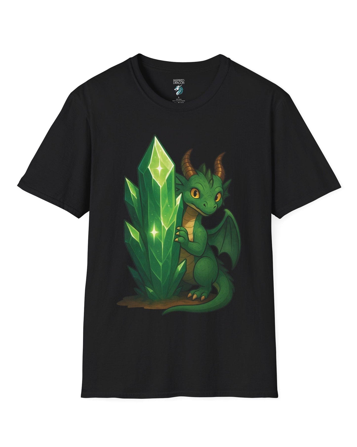 Keeper of the Crystals shirt in black, featuring a green dragon guarding a glowing emerald crystal cluster.
