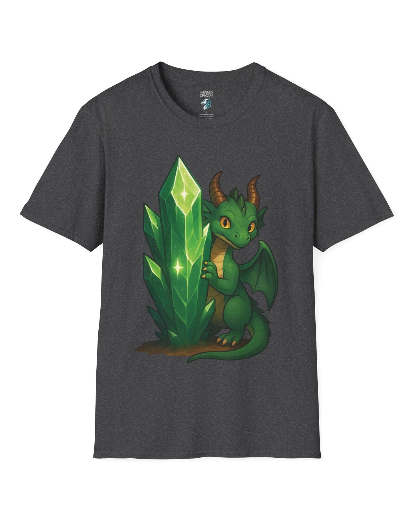 Keeper of the Crystals shirt in dark heather grey, featuring a green dragon guarding a glowing emerald crystal cluster.