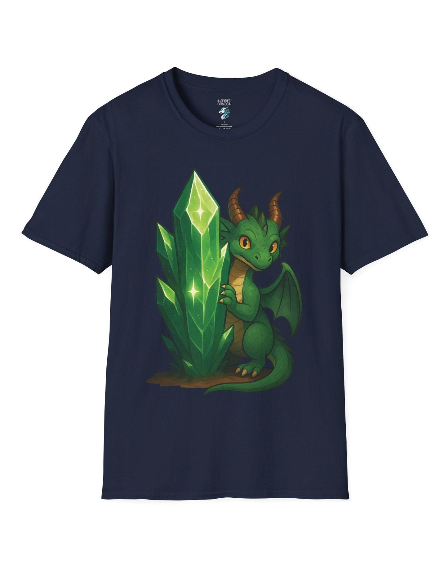 Keeper of the Crystals shirt in navy, featuring a green dragon guarding a glowing emerald crystal cluster.