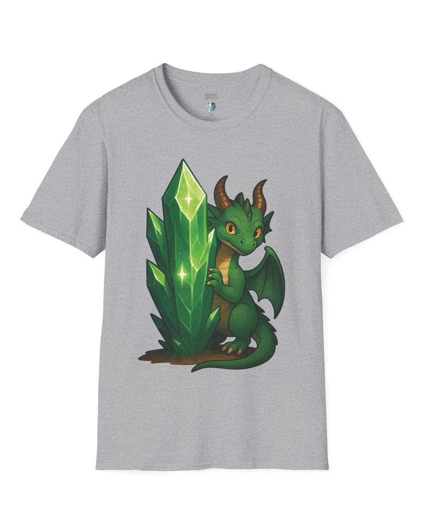 Keeper of the Crystals shirt in sport grey, featuring a green dragon guarding a glowing emerald crystal cluster.