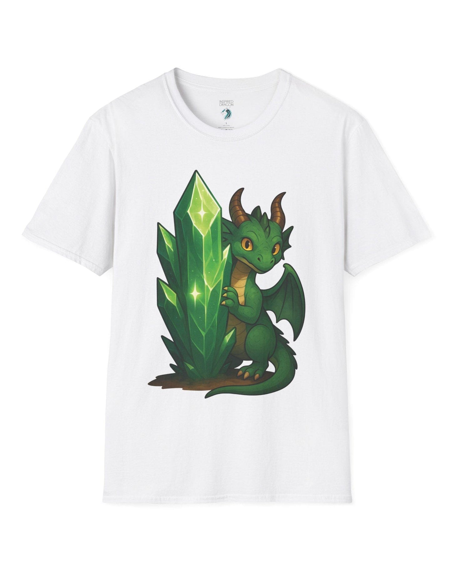 Keeper of the Crystals shirt in white, featuring a green dragon guarding a glowing emerald crystal cluster.
