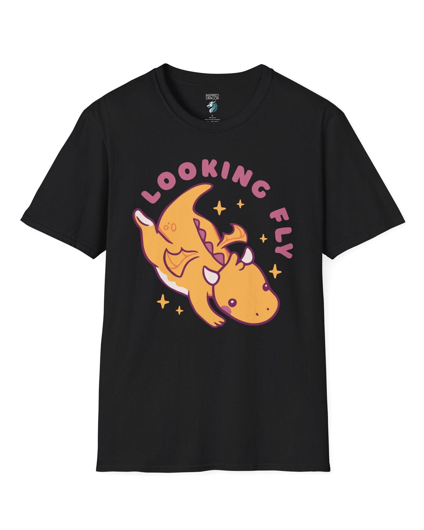 Looking Fly shirt in black, featuring a cute orange dragon flying with sparkles around it.