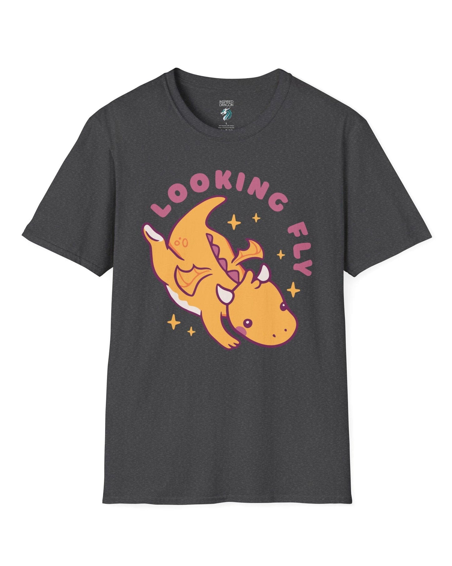 Looking Fly shirt in dark heather grey, featuring a cute orange dragon flying with sparkles around it.