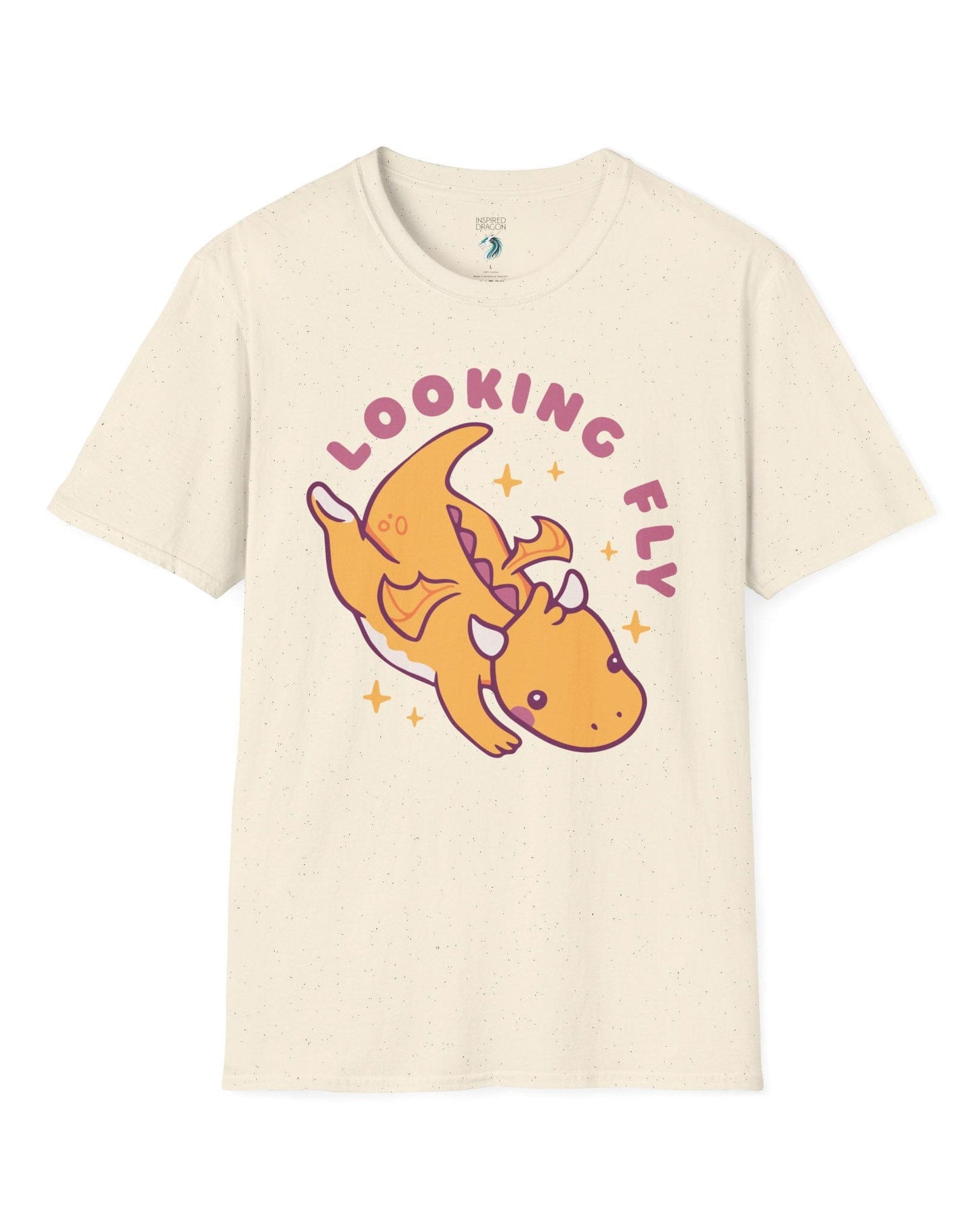 Looking Fly shirt in natural, featuring a cute orange dragon flying with sparkles around it.